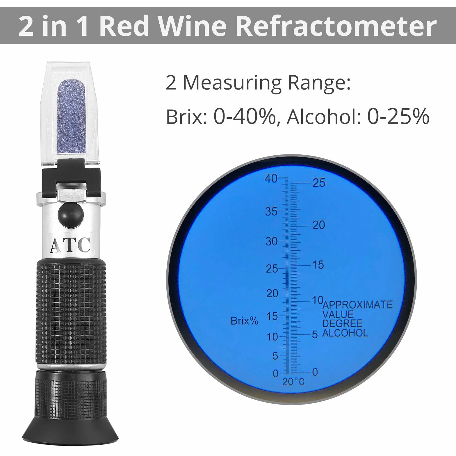 Proster Refractómetro Brix 0-40% y 0-25% Alcohol Refractómetro Digital para Vino Medir el Contenido de Azúcar para Fruta UVA y Grado de Alcohol de Vino Cerveza Refractómetro Portatil con ATC