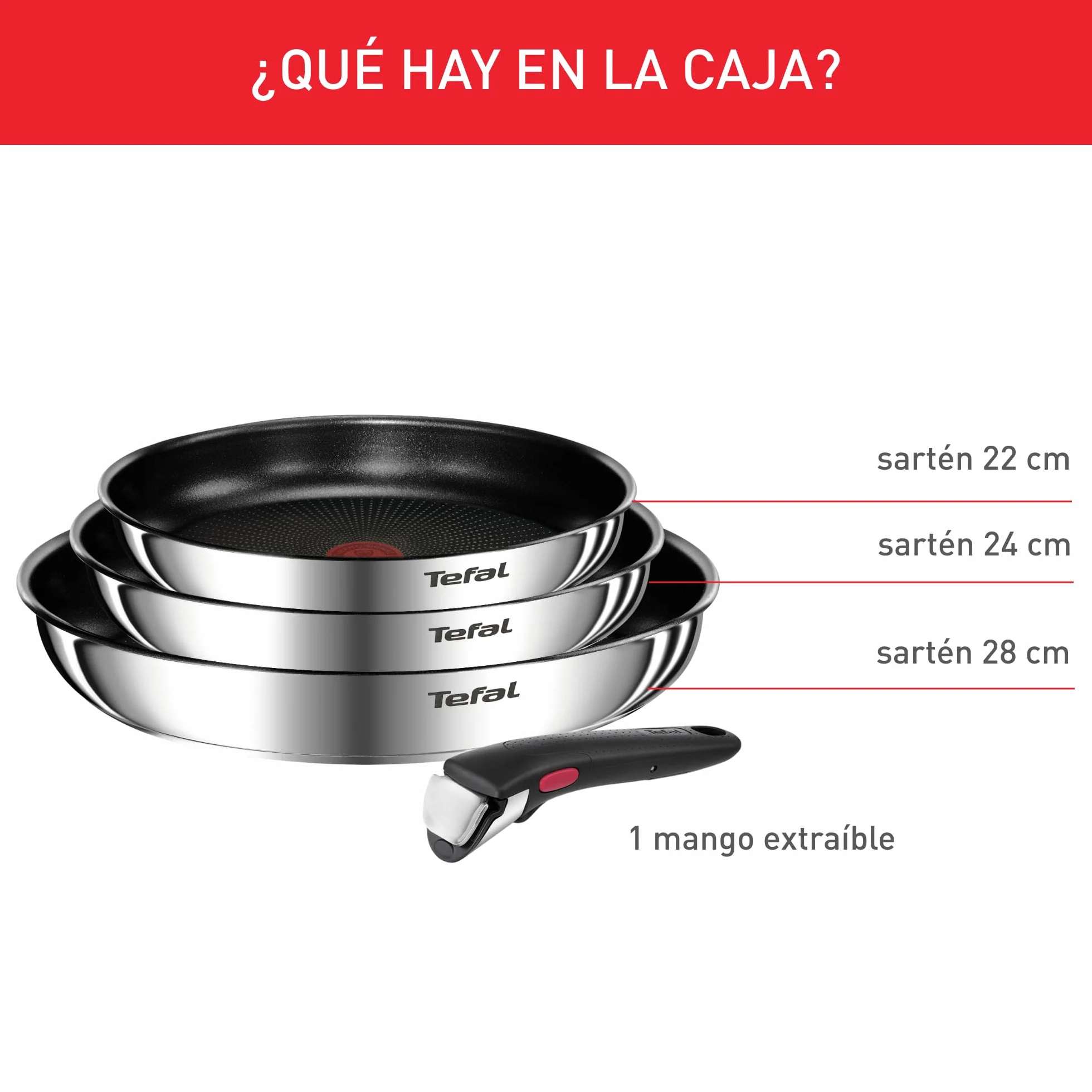 Tefal Ingenio Emotion Juego 3 Sartenes 22/24/28 cm Mango extraíble Apto inducción antiadherentes revestimiento titanio Thermo-signal