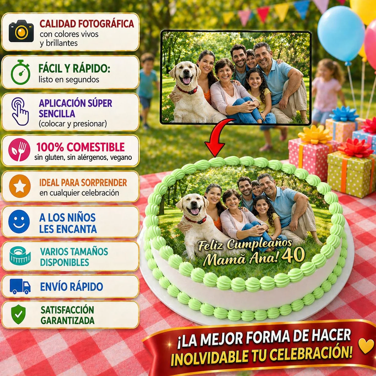 FOTO COMESTIBLE OBLEA Papel de AZÚCAR Personalizada Tarta Foto Nombre Edad Imagen Comestible Cumpleaños Calidad Fotográfica Profesional Varios Tamaños Redonda