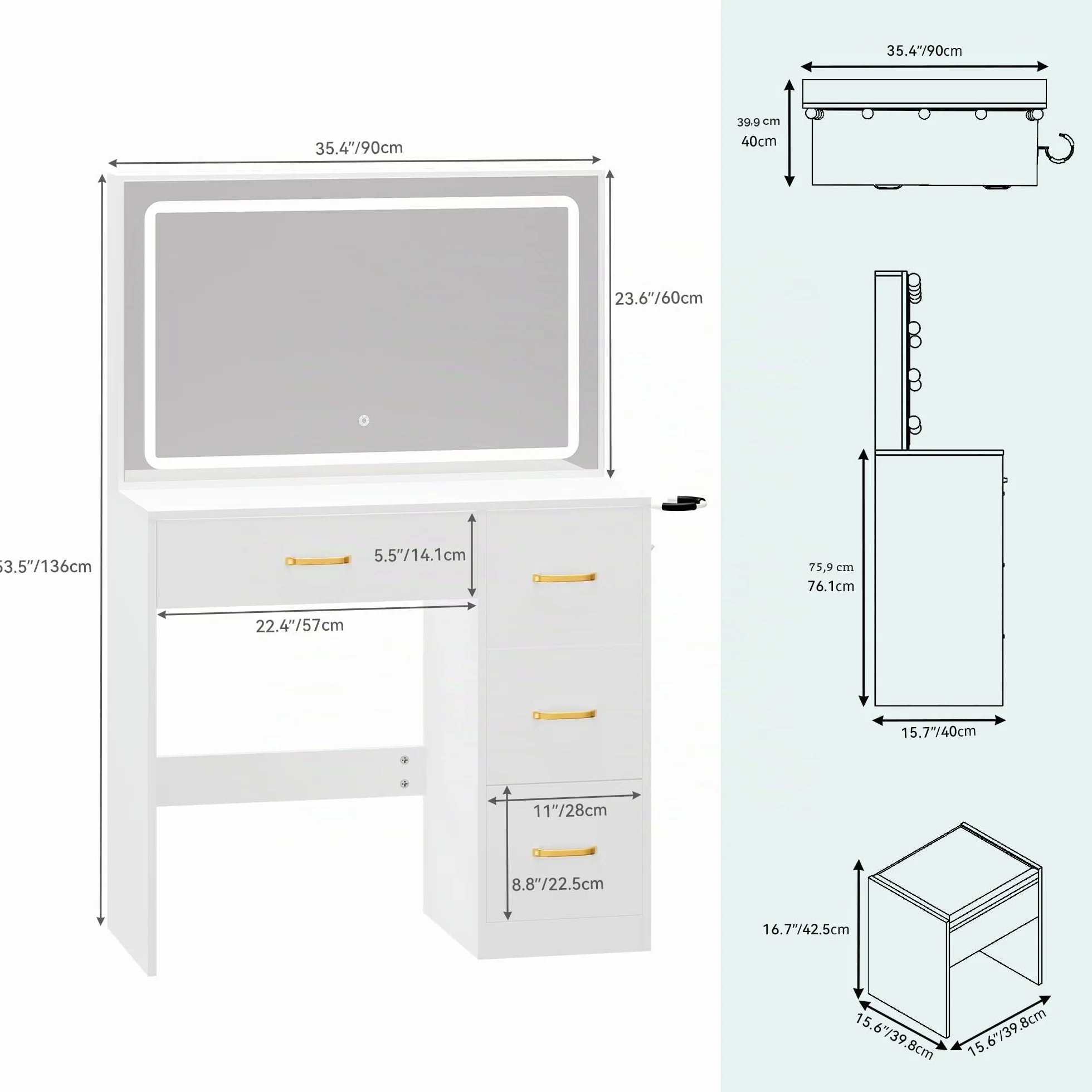 YITAHOME Tocador con iluminación LED Ajustable y tocadores, tocador con Espejo, 4 cajones y Taburete, Blanco