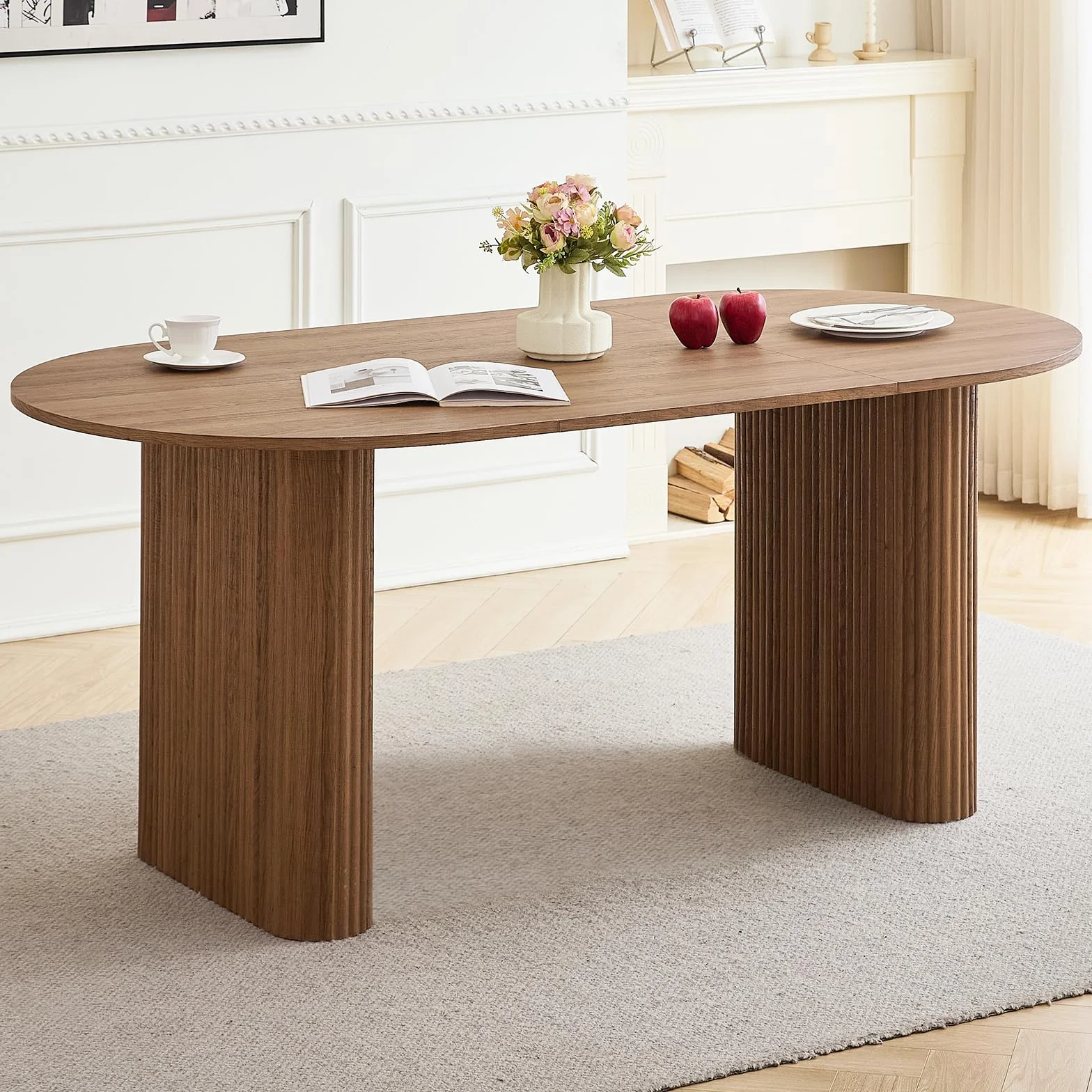 GrandCA HOME Mesa de Comedor Ovalada de Madera, Moderna Mesa de Cocina de 180 CM, Escritorio Grande de MDF, para 6-8 Personas (Marrón Oscuro)