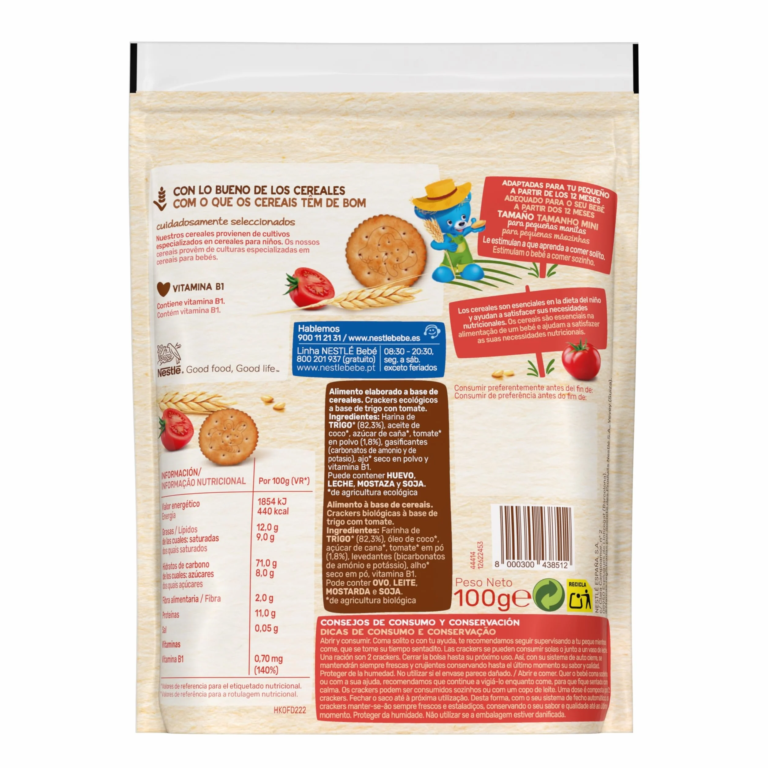 NESTLÉ PequeCrackers Tomate 100g 6 bolsas para bebés desde 12 meses