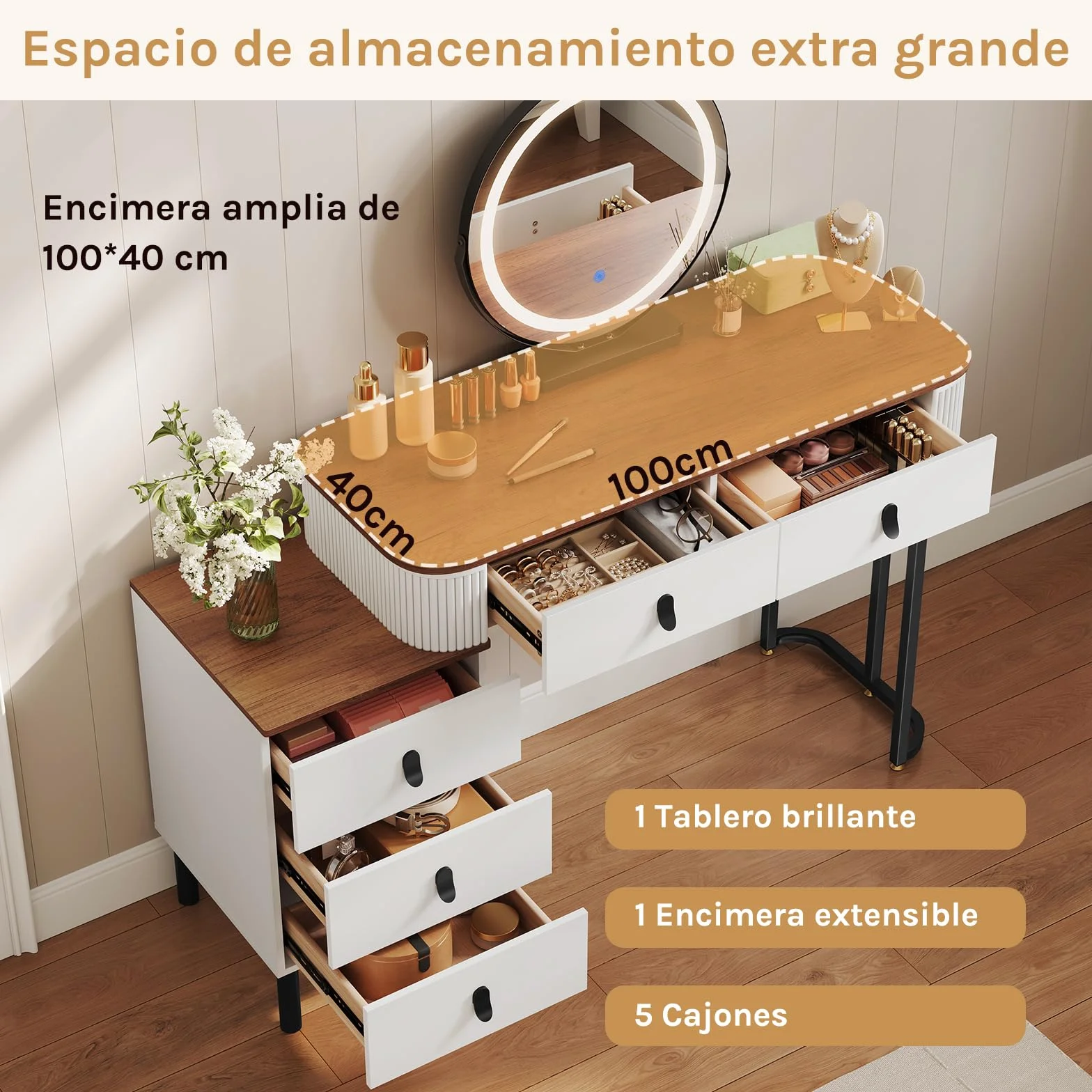 WOLTU Tocadores Maquillaje, Mesa tocador, con Espejo Redondo, Luz Regulable en 3 Niveles, Tocador con Cajonera de 5 Cajones, Marrón Naranja, MB6109hdob