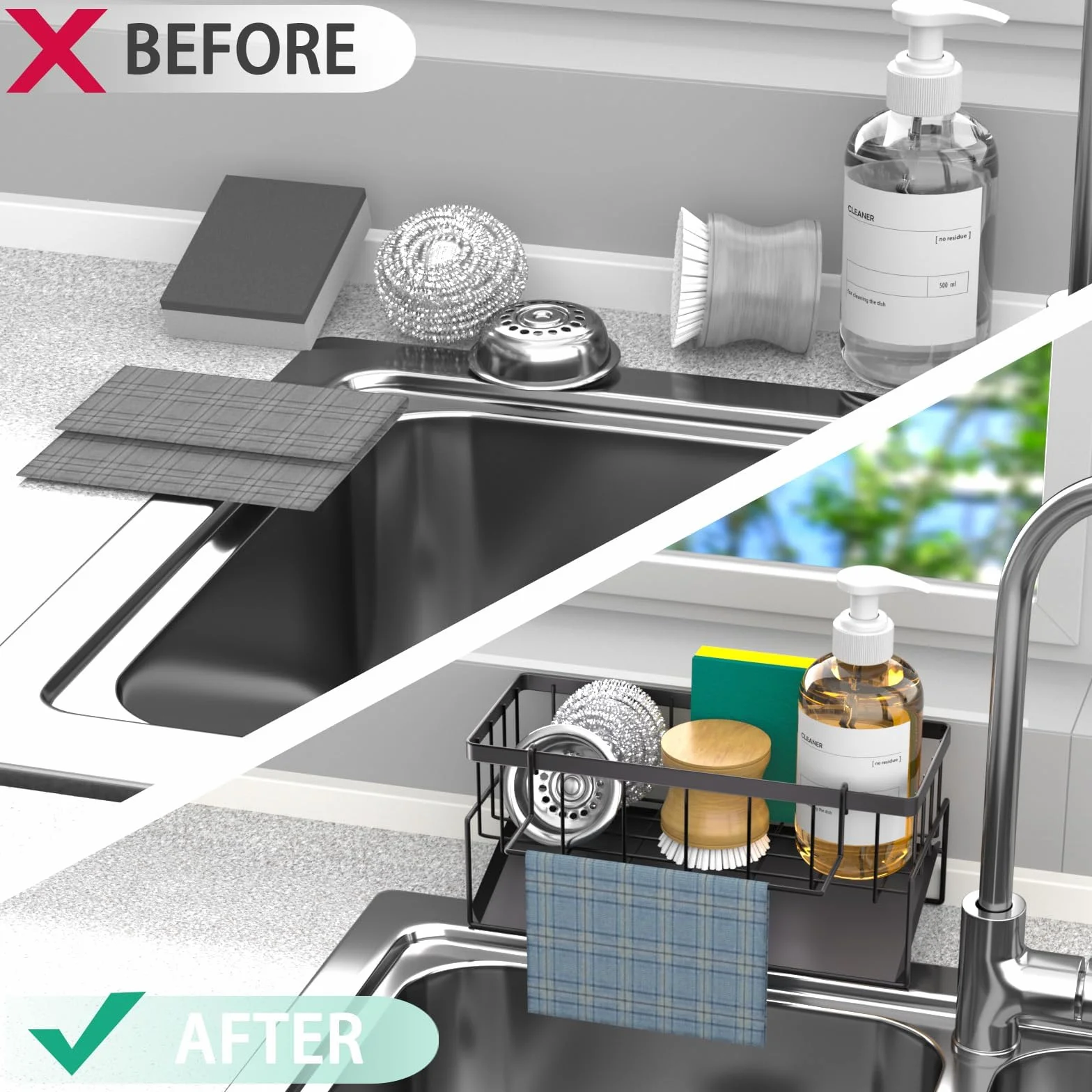 Wenrescry Organizador para Fregadero de Cocina con Bandeja de Drenaje autodrenante y Soporte para Trapos, Ideal para Cocina y baño, Organizador para cepillos, esponjas, jabón y más