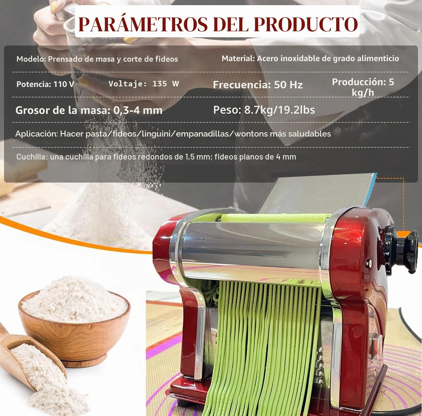 Máquinas Eléctricas Para Pasta - Fabricante de Fideos con Rodillo y Doble Cuchilla de Acero Inoxidable - 1.5mm (Redondo) y 4mm (Plano) - Para Uso Doméstico y Comercial