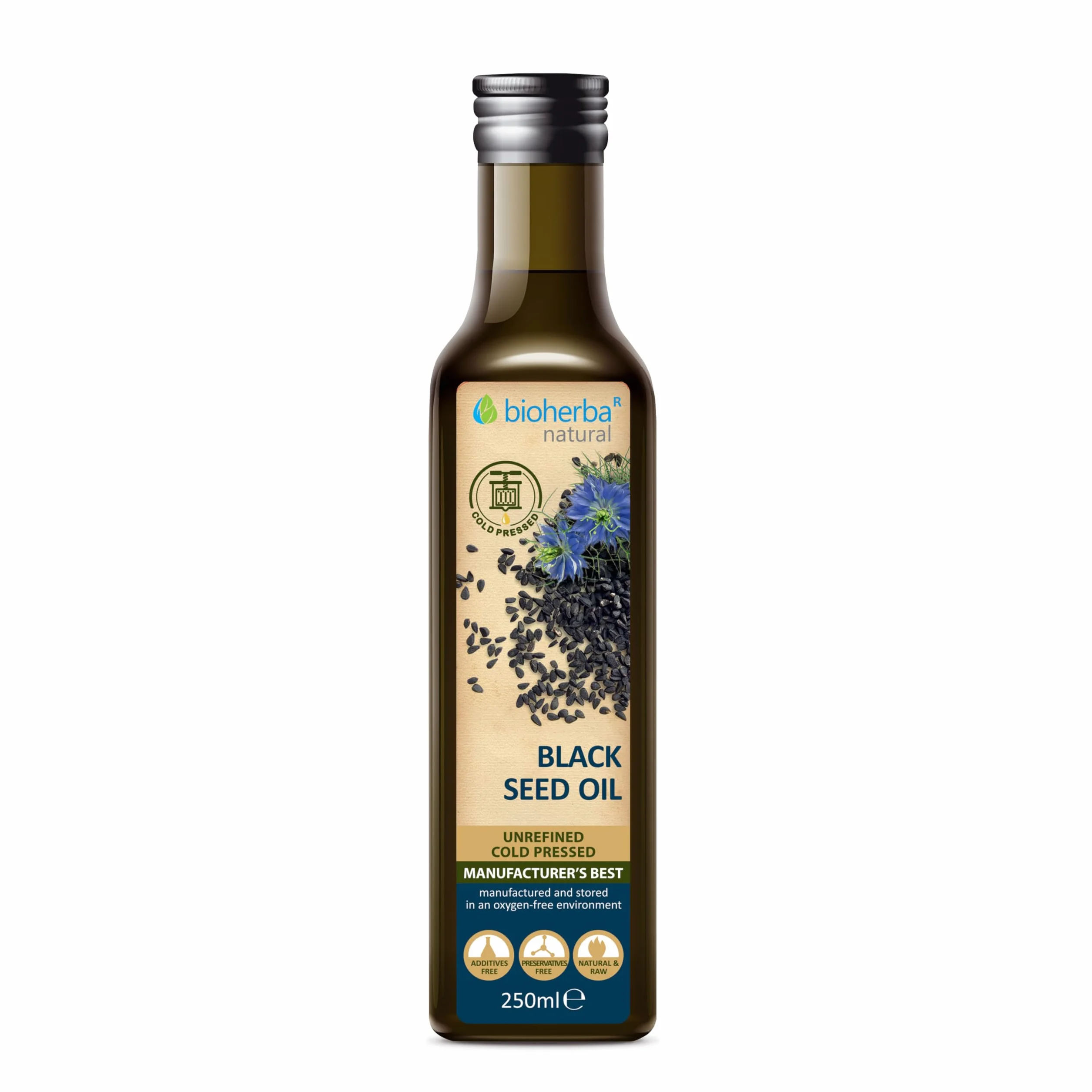 BIOHERBA Aceite de semillas de Nigella Sativa 250 ml cold pressed prensado en frío puro vidrio