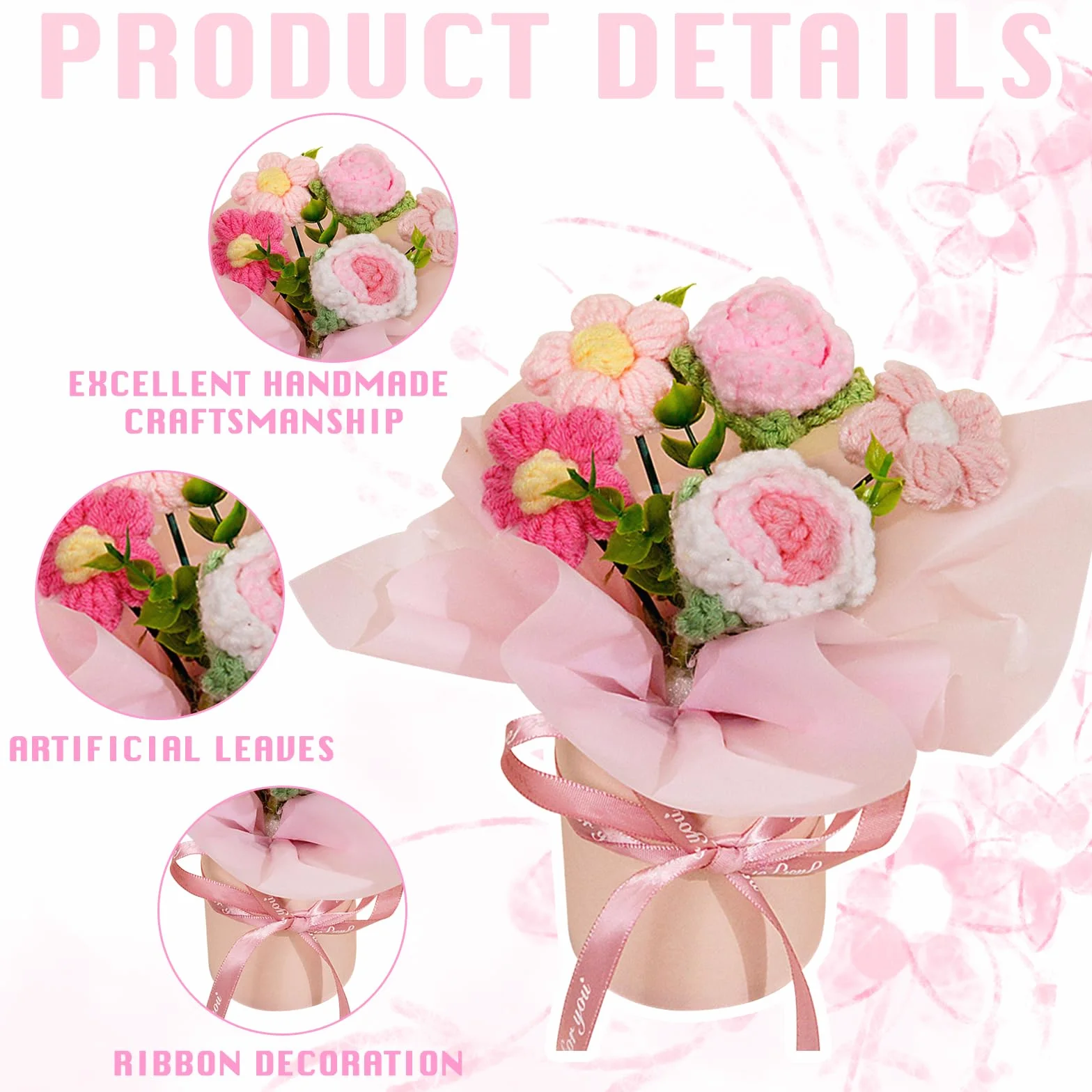 Ramo de Flores Ganchillo, Ramo de Flores de Punto Hecho a Mano, Flores Artificiales para cumpleaños, San Valentín, Regalos de Punto para Madre, Mujeres, Amigas