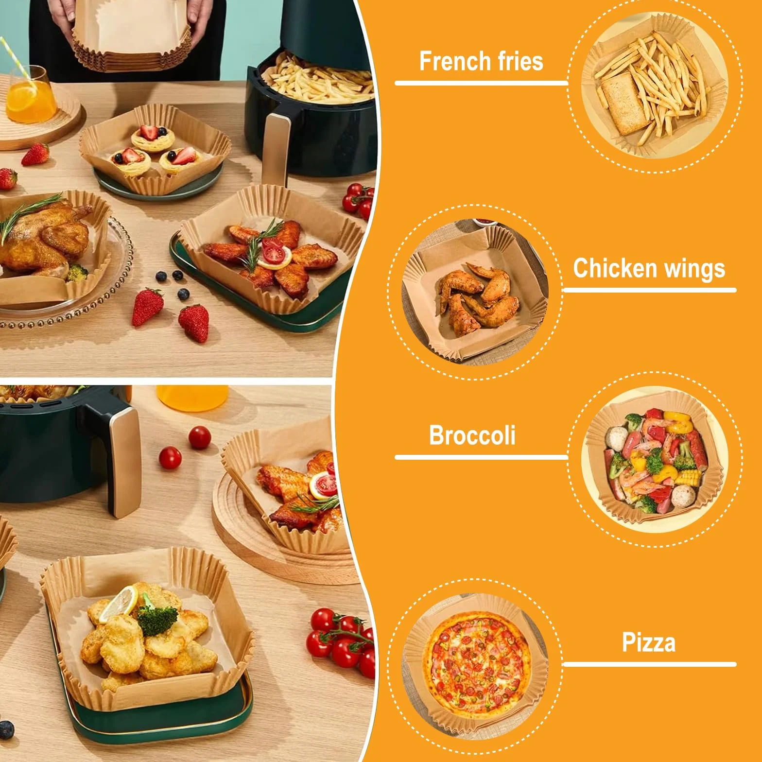 Papel Freidora Aire de 20-24cm,100 Unidades,Papel de Freidora de Aire Desechable de Grado Alimenticio,para Horno, Hornear y Microondas,Para Freidoras de Aire de 5 a 8 litros,BPA Free