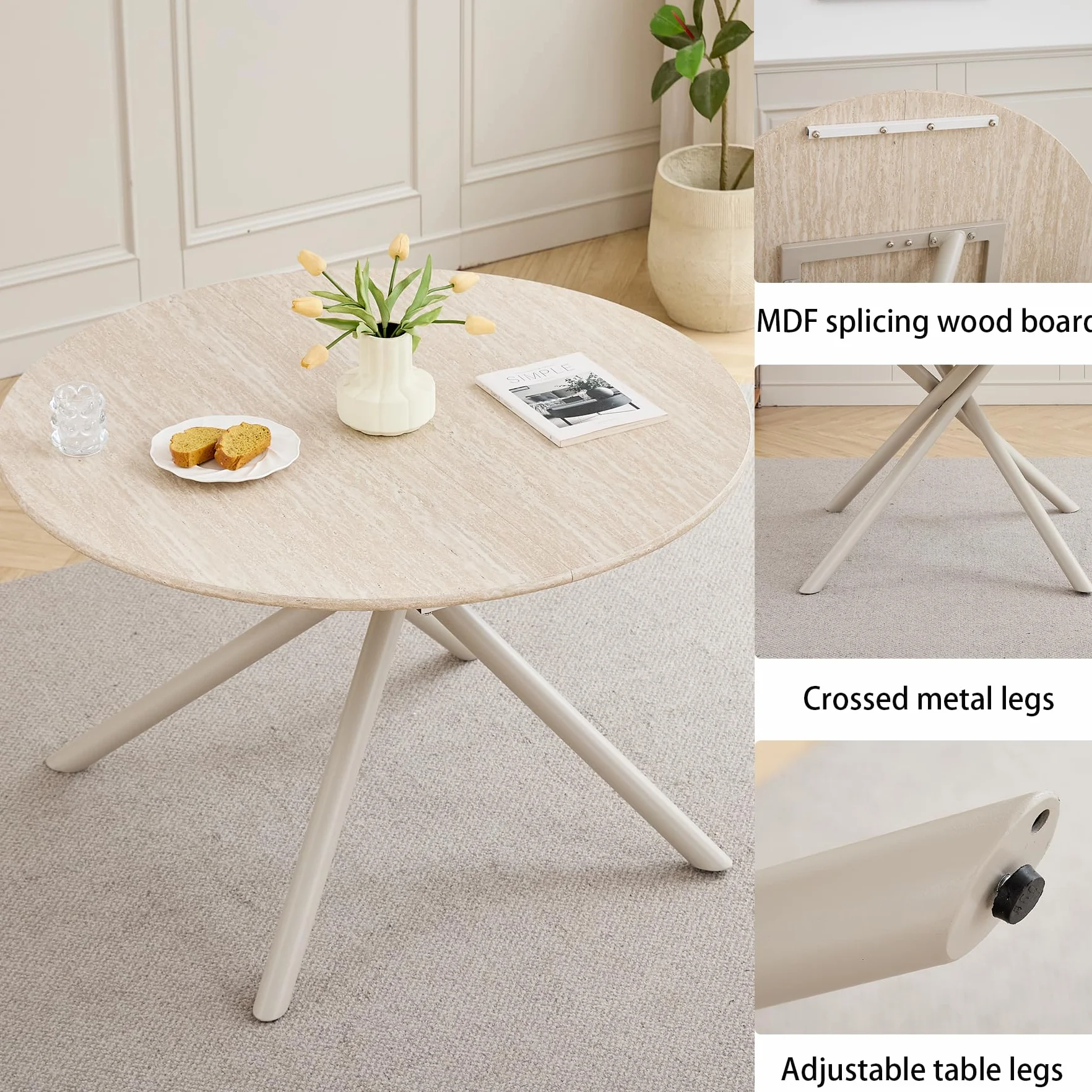 Juego de Mesa y Sillas de Comedor Mesa de Comedor Redonda de 115 cm y 4 Sillas Tapizadas en Lino, Adecuadas para Cocina, Sala de Estar y Comedor (Amarillo Claro +Beige)