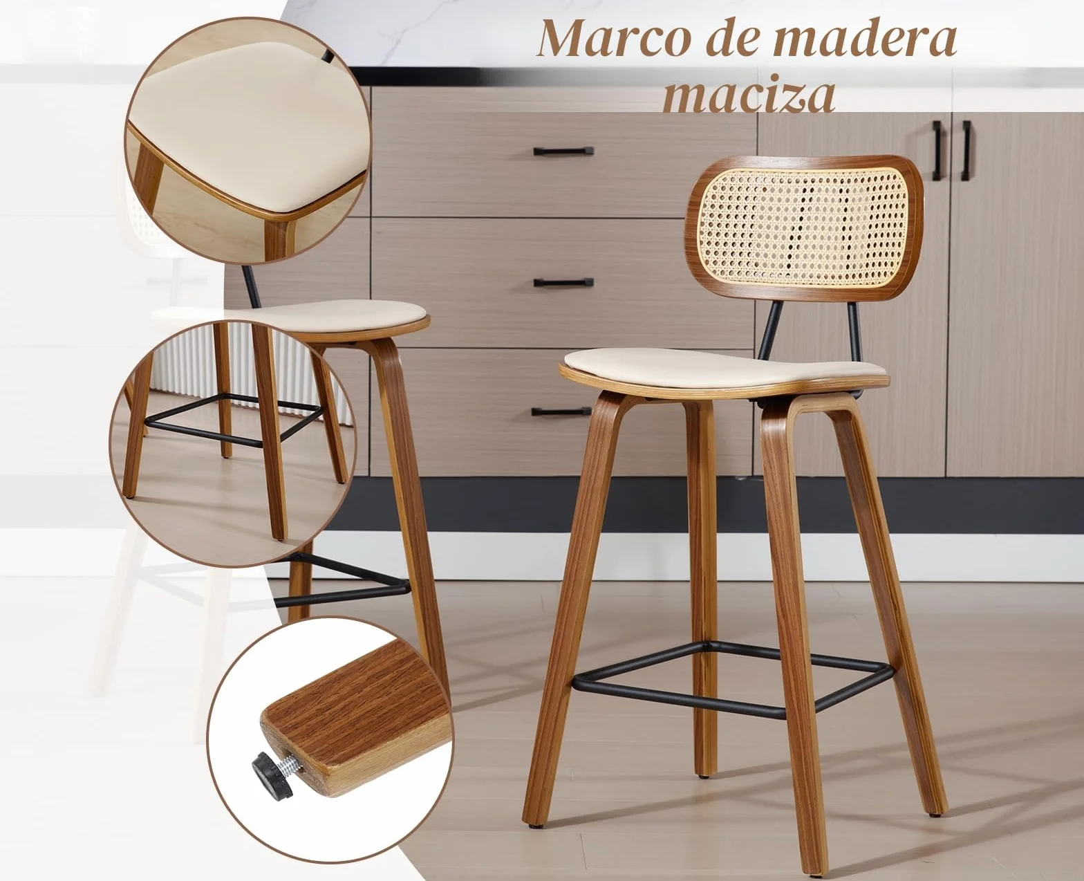 chairus Juego de 2 Taburetes de Bar de Madera Taburetes Altos de Cocina con Respaldo de Ratán, Sillas Altas con Asiento de Cuero PU para Isla de Cocina/Restaurante, Biege
