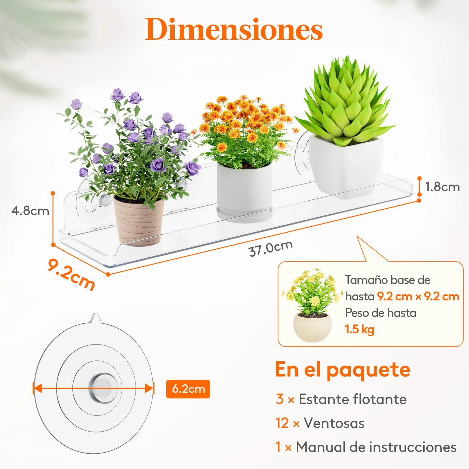 Lifewit Estanterias Plantas para Ventana, 3 Pack 38cm Baldas flotantes para Plantas Suculentas Interiores y Verduras en Miniatura, Repisas con Estante de Ventosas Acrílicas para Baño/Habitacion