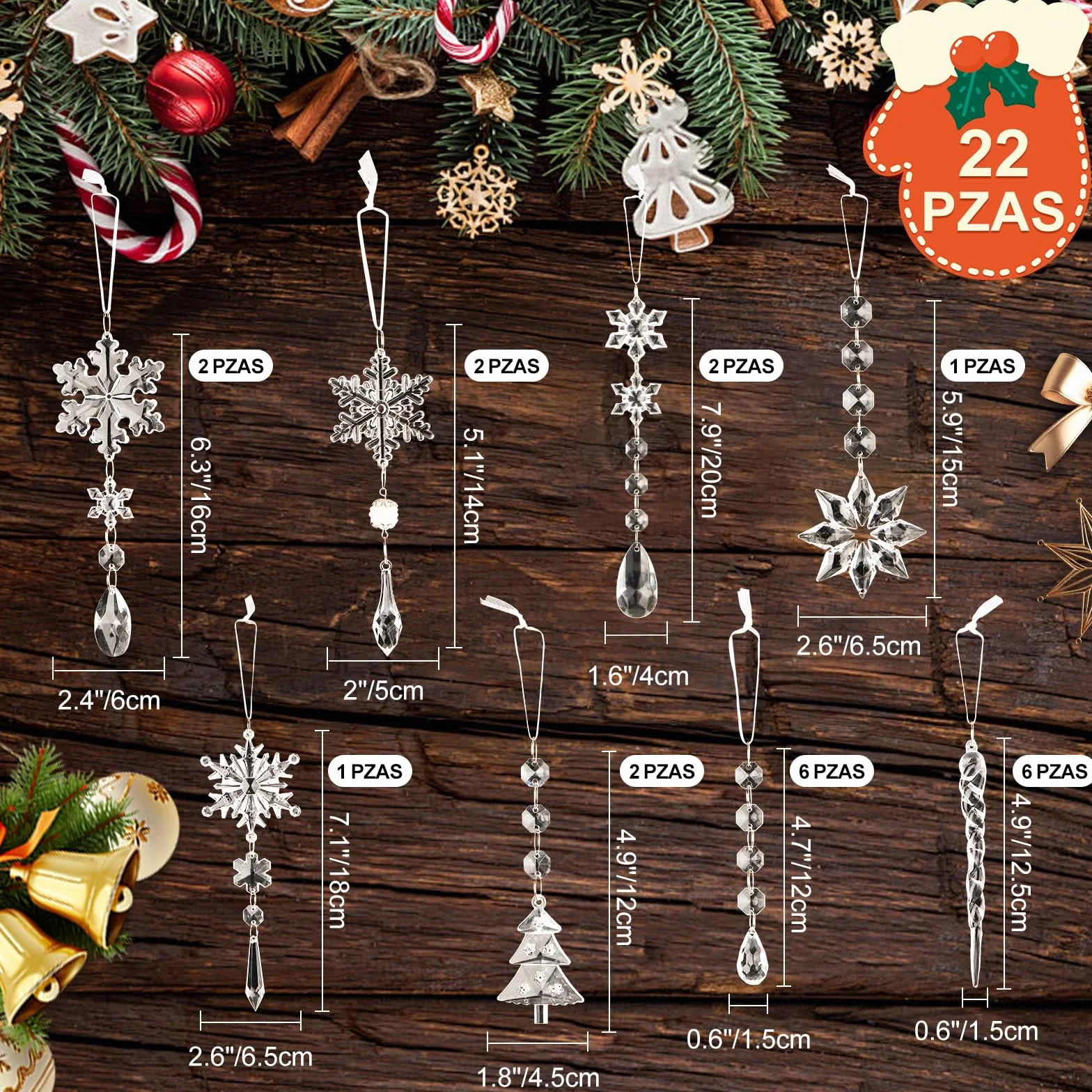 Lanpn 22 Piezas Decoración Navideña Adornos del Árbol de Navidad de Cristal,Colgante Acrílico de Copo de Nieve de Carámbanos para Navidad Invierno Exterior Interior Fiesta Decoración Oro (Blanco)