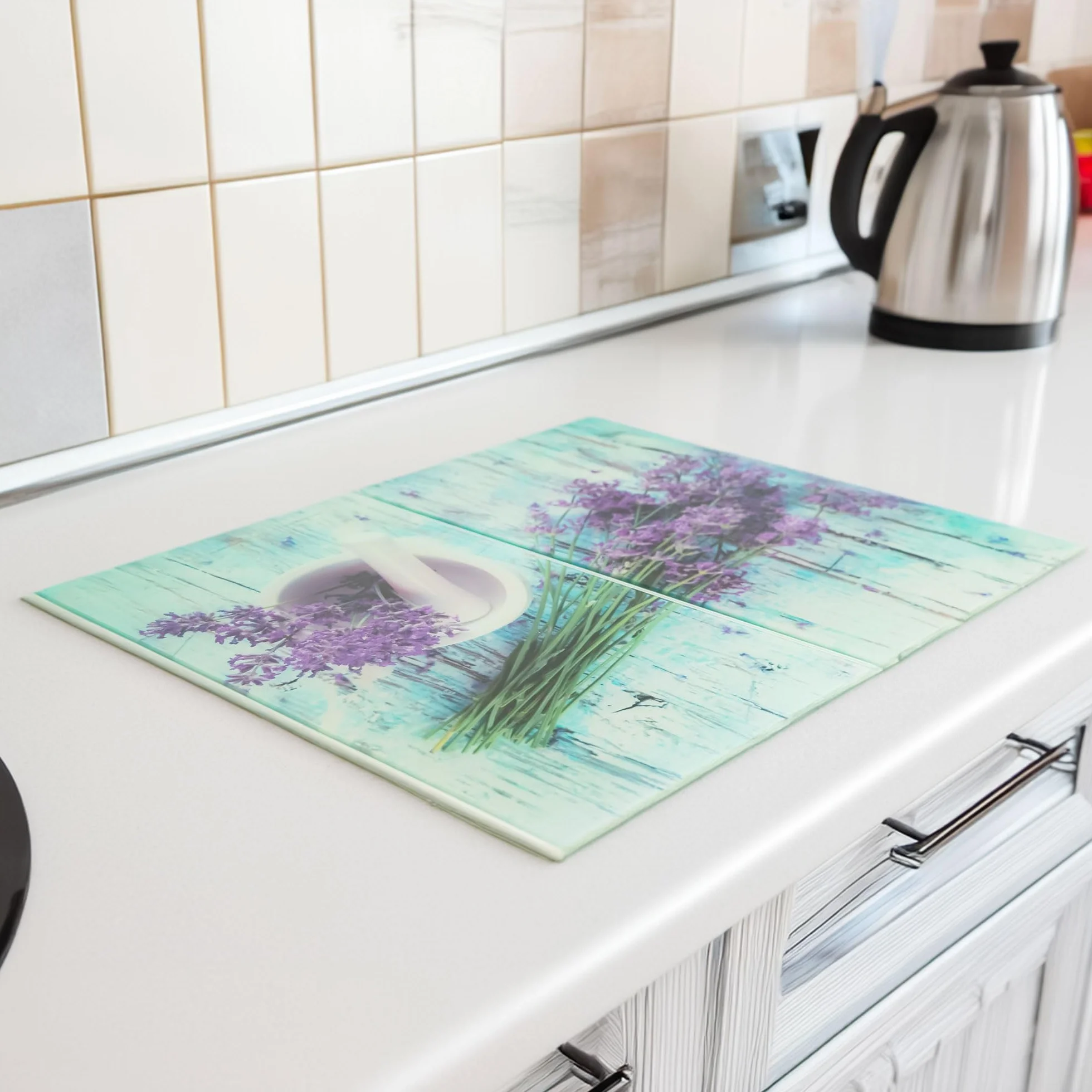 Jocca - Salvaencimeras Cristal Templado, Protector Vitrocerámica Cocina, Tabla de Cortar Vidrio, Cubre Encimera, Resistente al Calor y Arañazos, Diseño Lavanda, 2 unidades 30x52 cm
