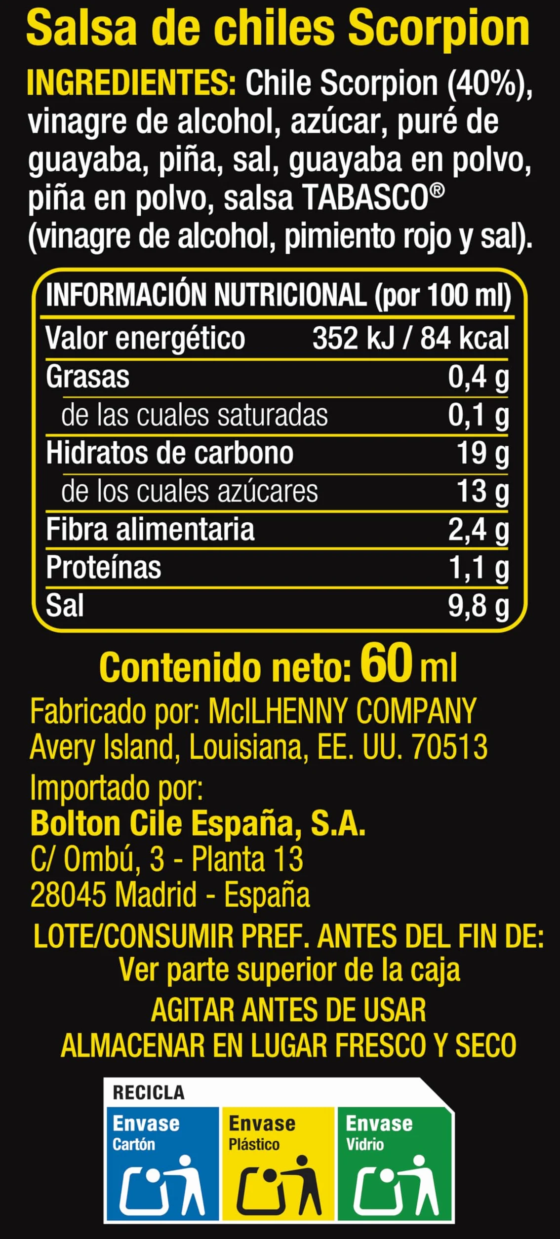 Tabasco Scorpion Salsa Picante Extremo 60 ml