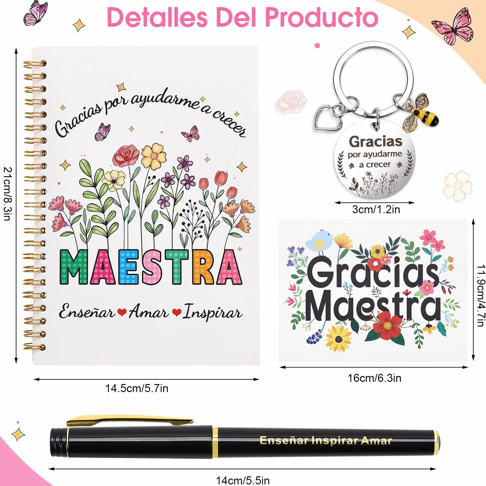 Echehi Regalo Maestra Infantil Set 6 Piezas con Tote Bag Cuaderno A5 Llavero Bolígrafo Tarjeta Caja Original