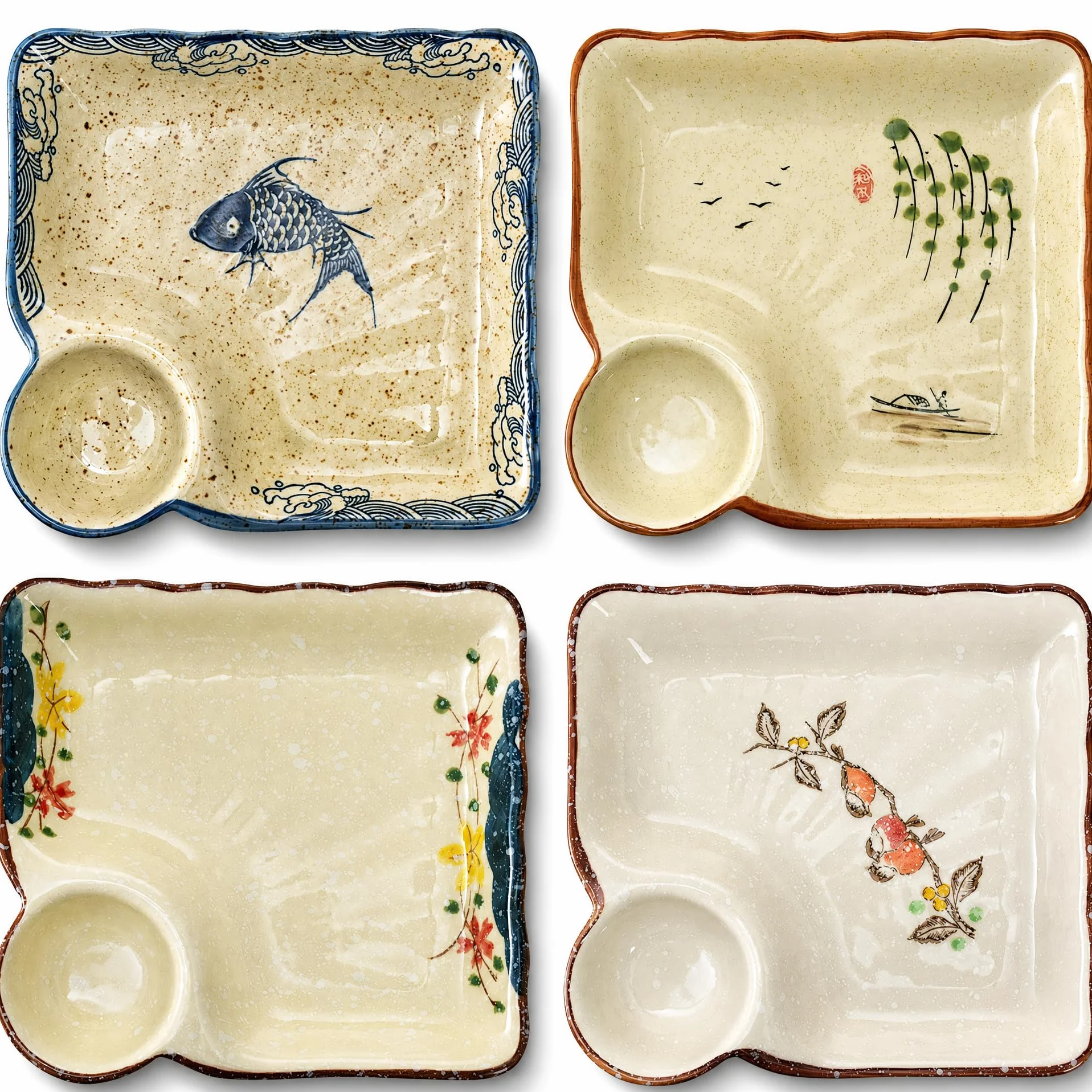 Paquete de 4 platos de cerámica para albóndigas con platillo, plato de sushi japonés de 7.3 pulgadas, plato de patatas fritas y salsa, plato dividido para aperitivos, embutidos, postres