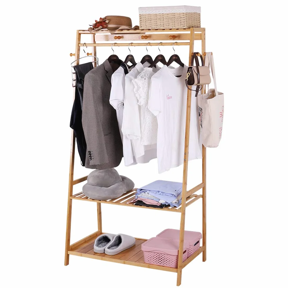 unho Perchero Burro de Bambú Armario Abierto Madera 80x44x165cm 3 Estantes 10 Ganchos