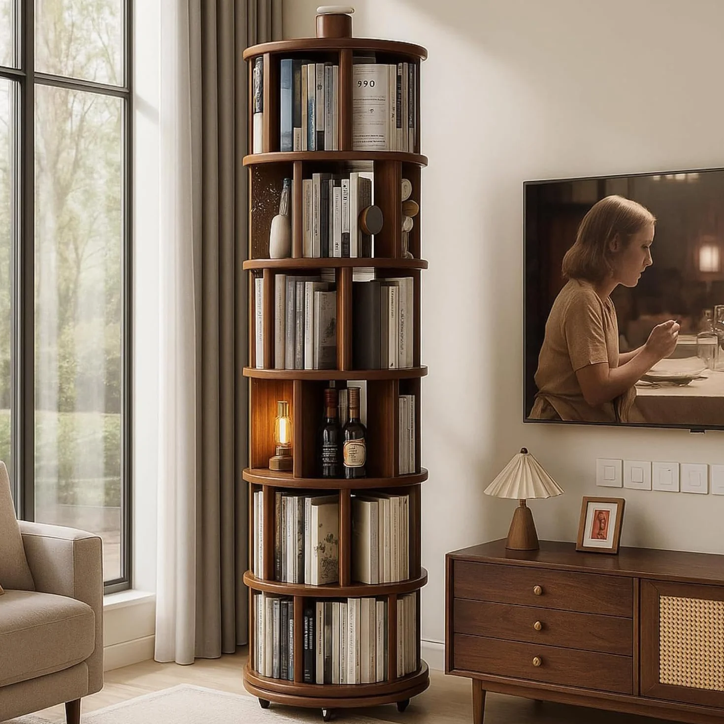 Estantería giratoria de rueda de madera maciza, estantería redonda de 6 pisos, torre de libros giratorios de madera de 360 °, estante de exhibición vertical de color nogal de rollo estrecho,197cm