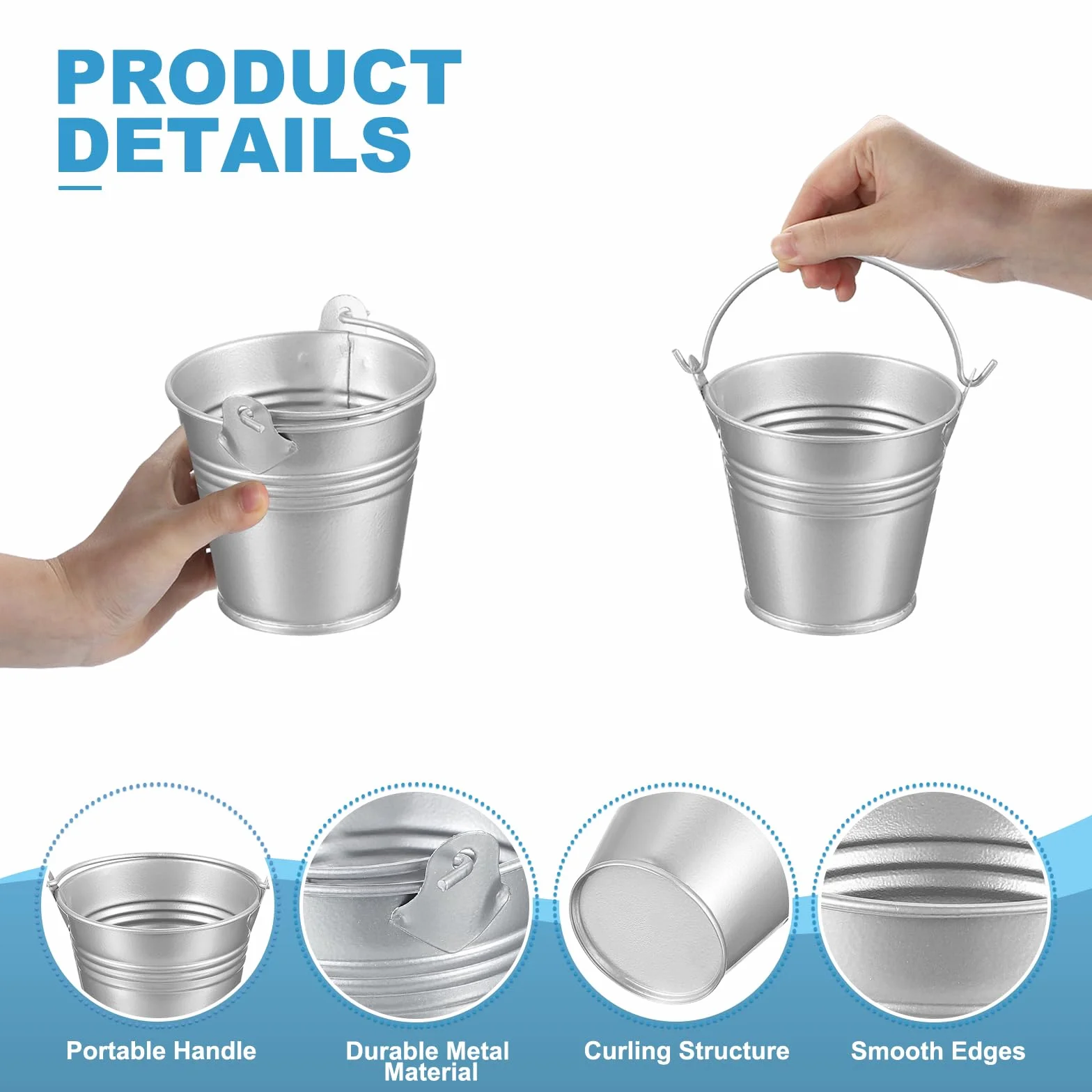 PATIKIL 7x5x6cm Pequeños Cubos de Metal con Asa, 12 Pcs Mini Cubo Galvanizado Colorido para Pascua para Manualidades Fiestas Decoración, Plata