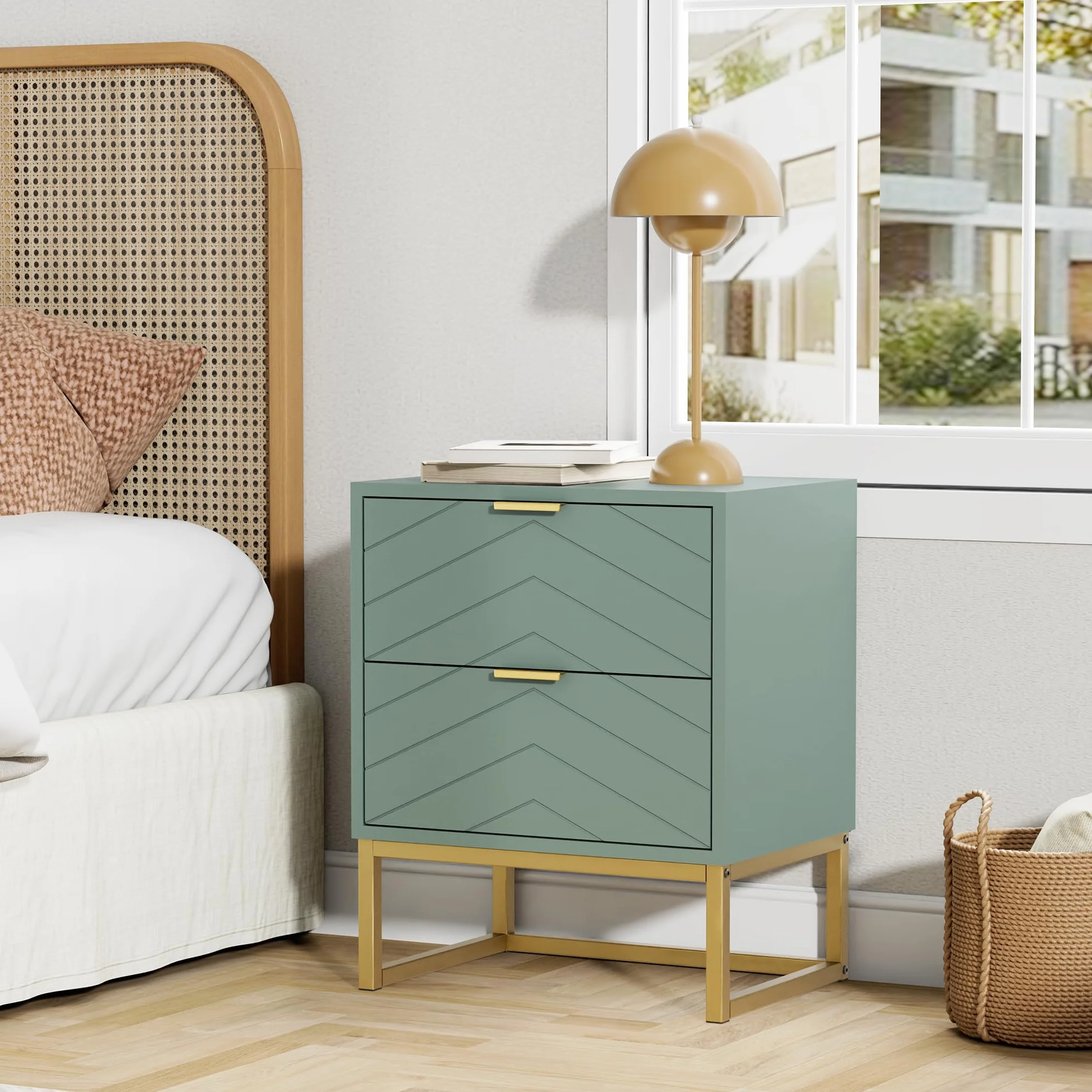 UEV Juego de 2 Mesillas de Noche con Diseño en V, Muebles de Dormitorio con Asas y Patas de Metal, Mesilla de Noche Moderna y Estable, 46 x 33,5 x 56,5 cm, Verde