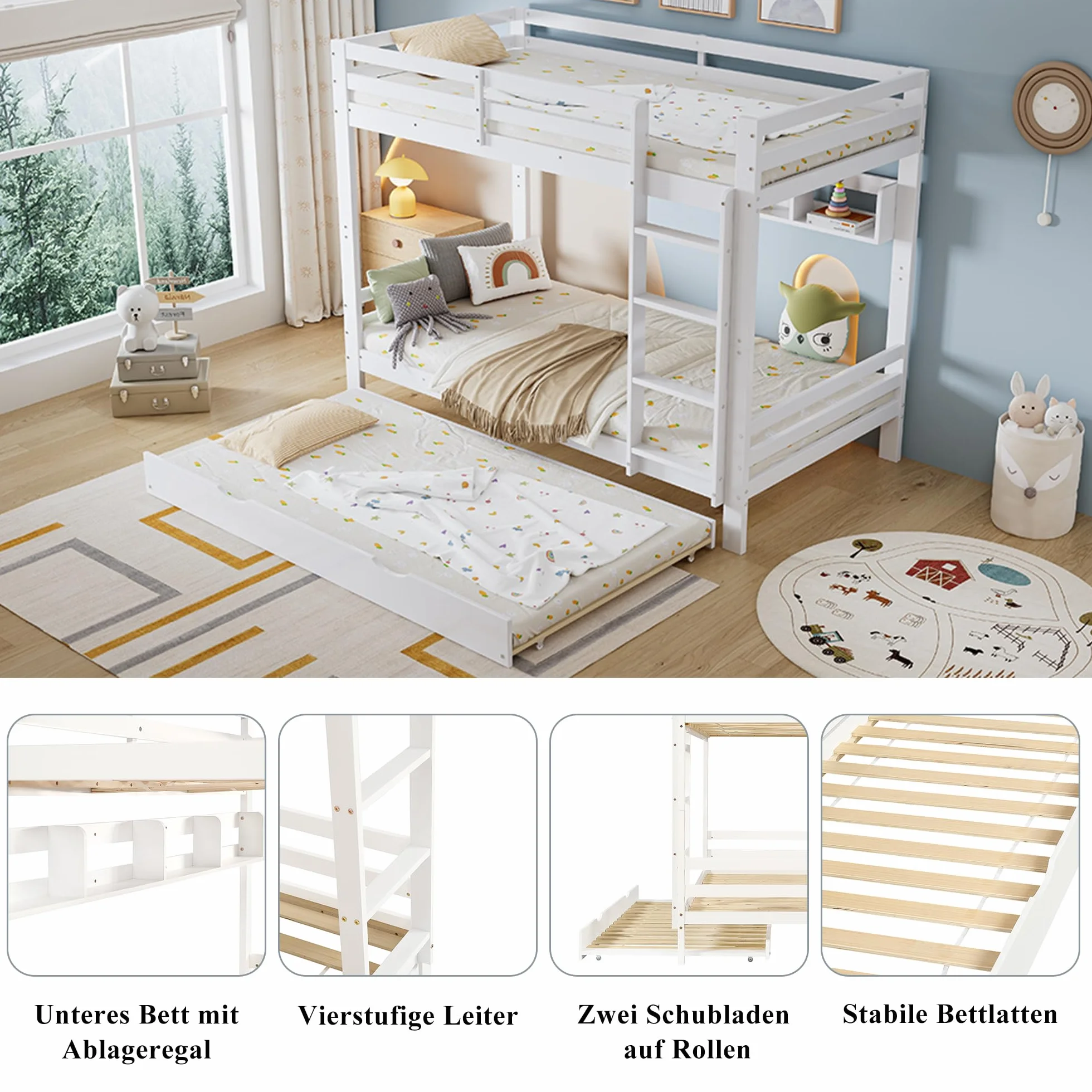 LAKFEW Litera Infantil 90x200 con Cama Nido 90x190 cm, Literas Cama Infantil con Protección Anticaída y Estante de Almacenaje, Camas Infantiles, Litera Triple Literas Infantiles, Blanco, Sin Colchón