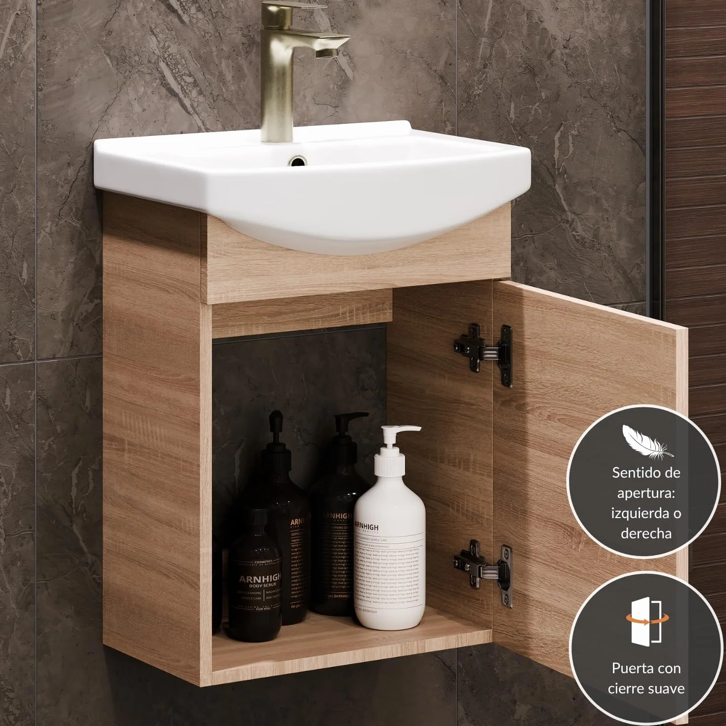Planetmöbel Conjunto de Muebles de baño Lavabo con Mueble 45 x 60 x 33 cm para Aseo de Invitados, Roble Sonoma