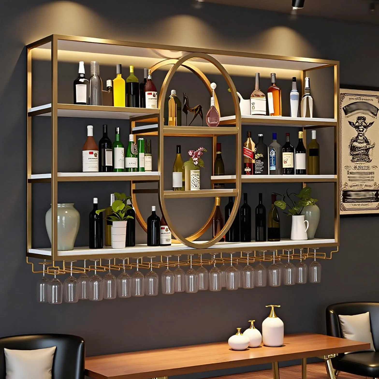 Botellero de Pared de Metal de Gran Capacidad, Estante para Vino de Pared Ovalado Moderno, Soporte para Copas y Botellas, Metal para Vino Industrial, 120-180cm, Negro/Dorado (nero, 140*20*120cm)