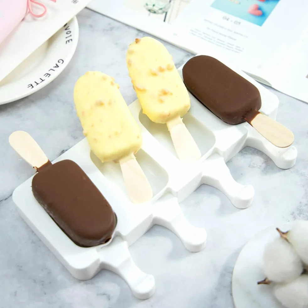 Moldes Helados Silicona sin BPA, 4 Cavidades con 50 Palos Madera, 2 Unidades