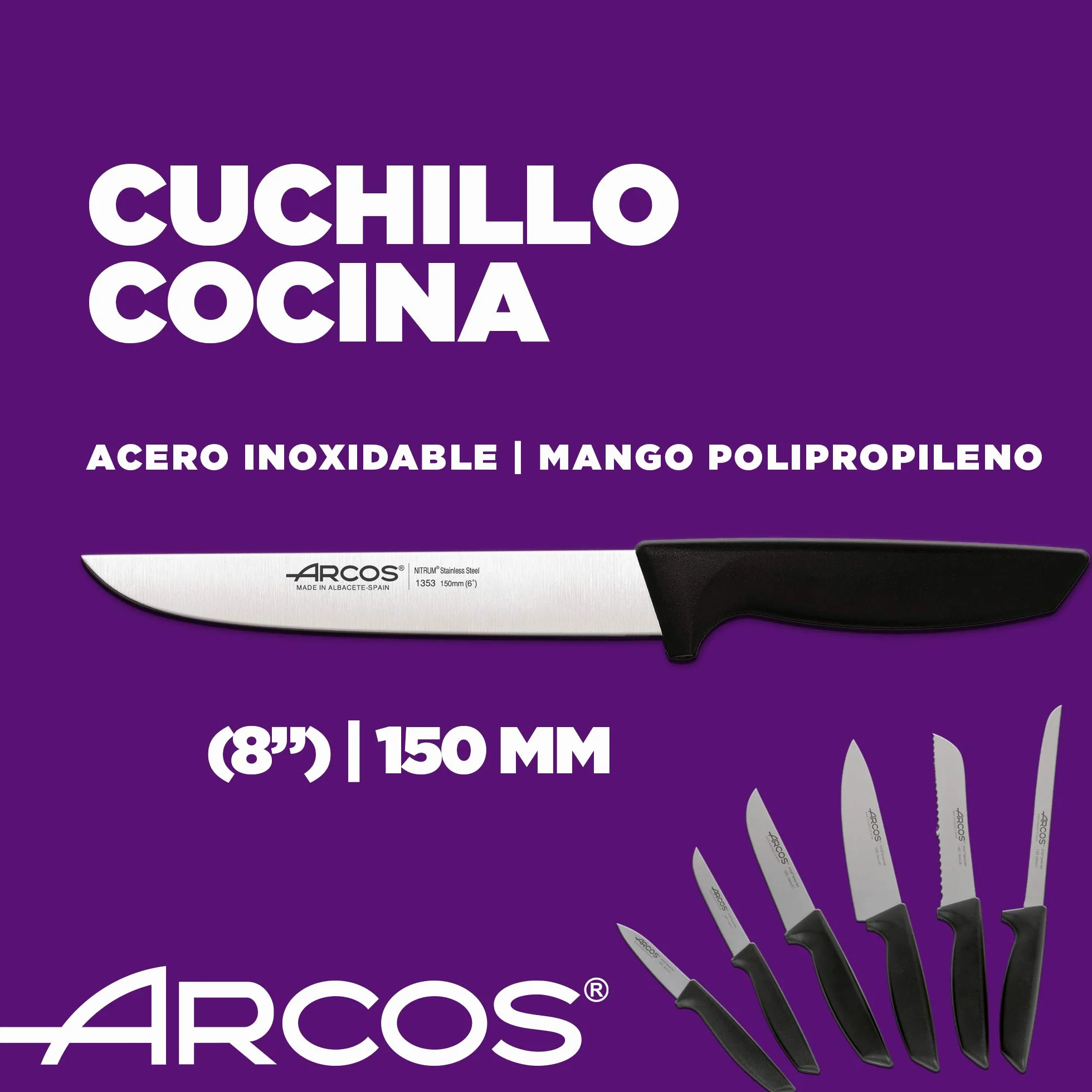 Arcos Juego Cuchillos Cocina Profesional 6 pzas Acero Inoxidable Mango Negro Serie Niza