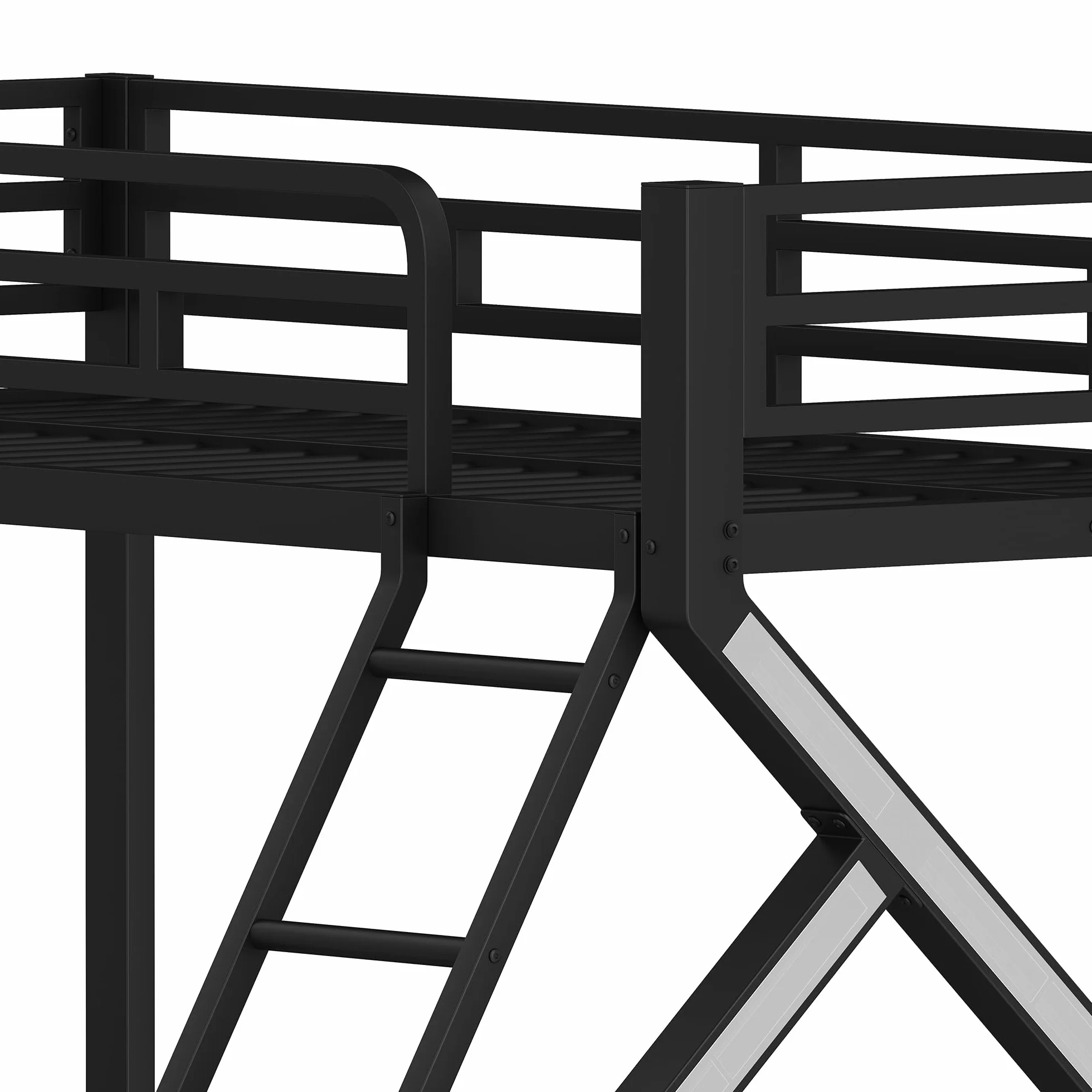 Litera con LED para niños y adultos, cama infantil con barandilla y escalera, hierro 90x200+140x200 cm, negro