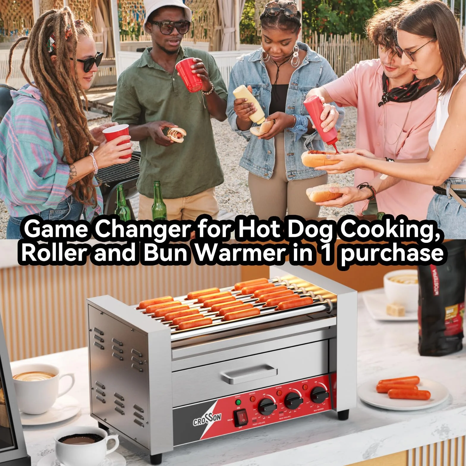 CROSSON 2 IN 1 Maquina de Perritos Calientes Profesional 7 Rollos,1350W Hot Dog Maquina de Acero Inoxidable con 2 Zonas de Calentamiento y Control de Temperatura Dual