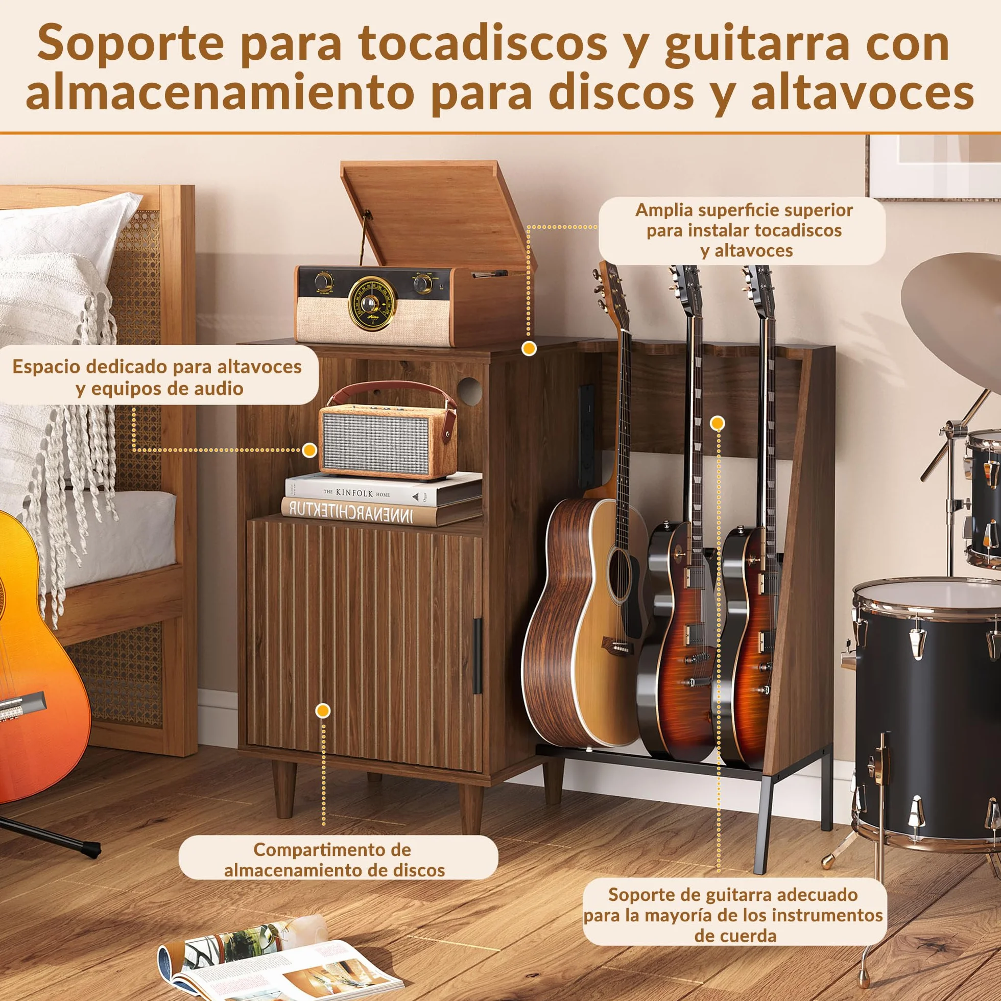 Mueble para Tocadiscos y Vinilos de Madera Vintage Mid-Century con Soporte para 3 Guitarras