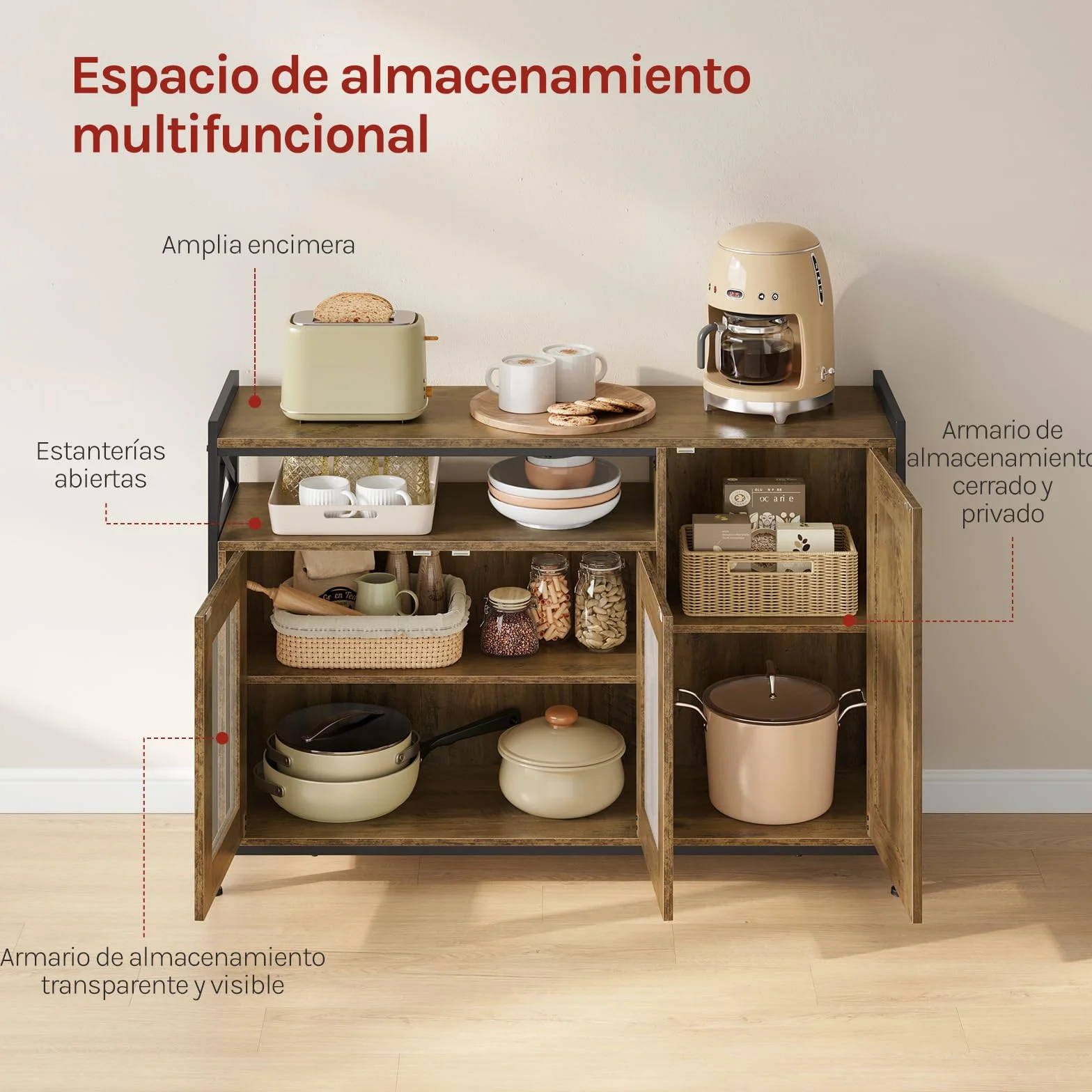 WOLTU Aparador Cocina de Almacenamiento, 3 Puertas, Estantes Ajustables, Mueble Auxiliar de Almacenaje para Cocina Salón y Comedor, Estructura Metal y Madera, 110x33x75 cm, Madera Marrón