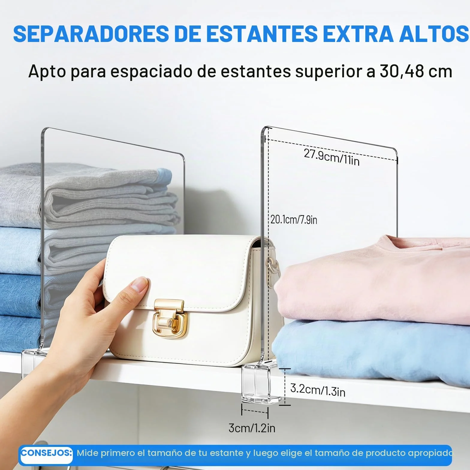 8 Piezas Separadores de Estantes Acrílicos Transparentes, 30 X 20cm,Baldas Armario Interior,Acrílico Transparente Separador Estanteria,Eparador Multifuncional para Armarios, Muebles y Estantería