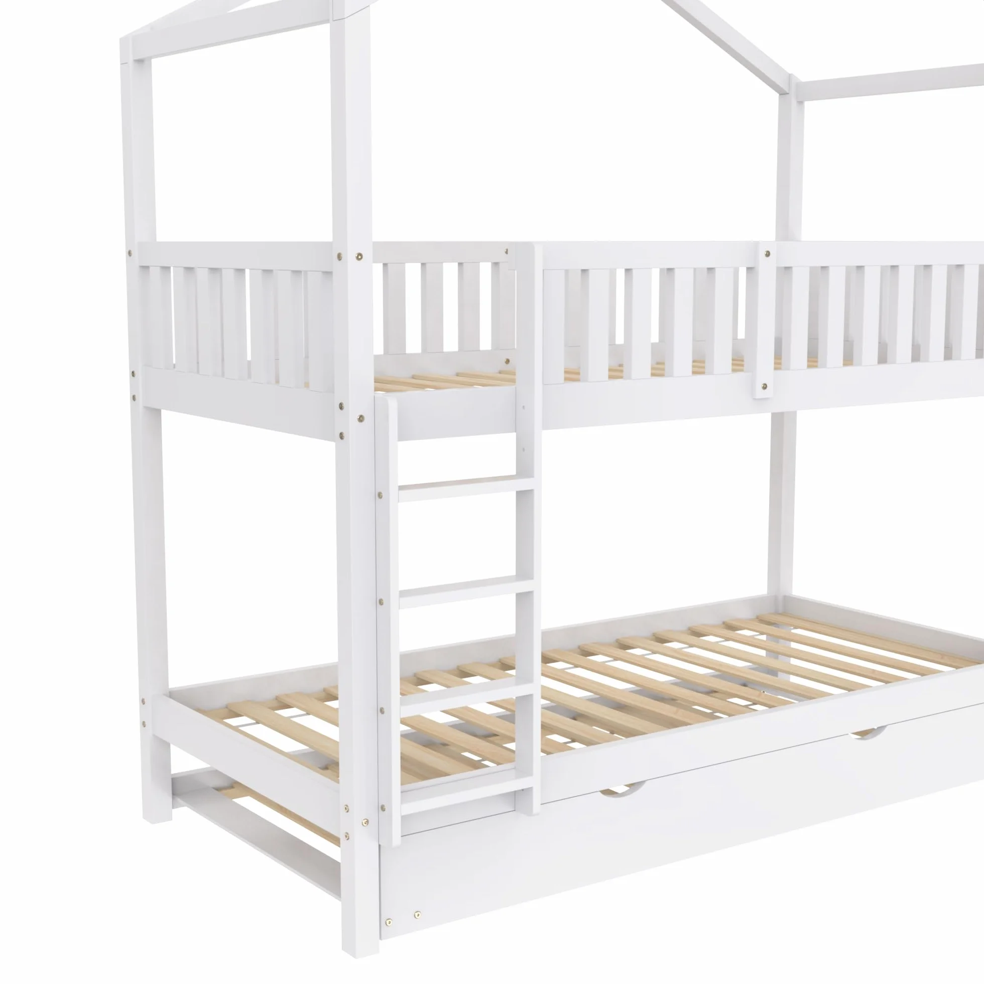 Azkoeesy Litera Infantil con Cama Nido para 3 niños o Adultos, Forma de casita, con protección anticaídas, somier, Escalera, Material Pino, Color Blanco, 90 x 200 cm - N634W0001A