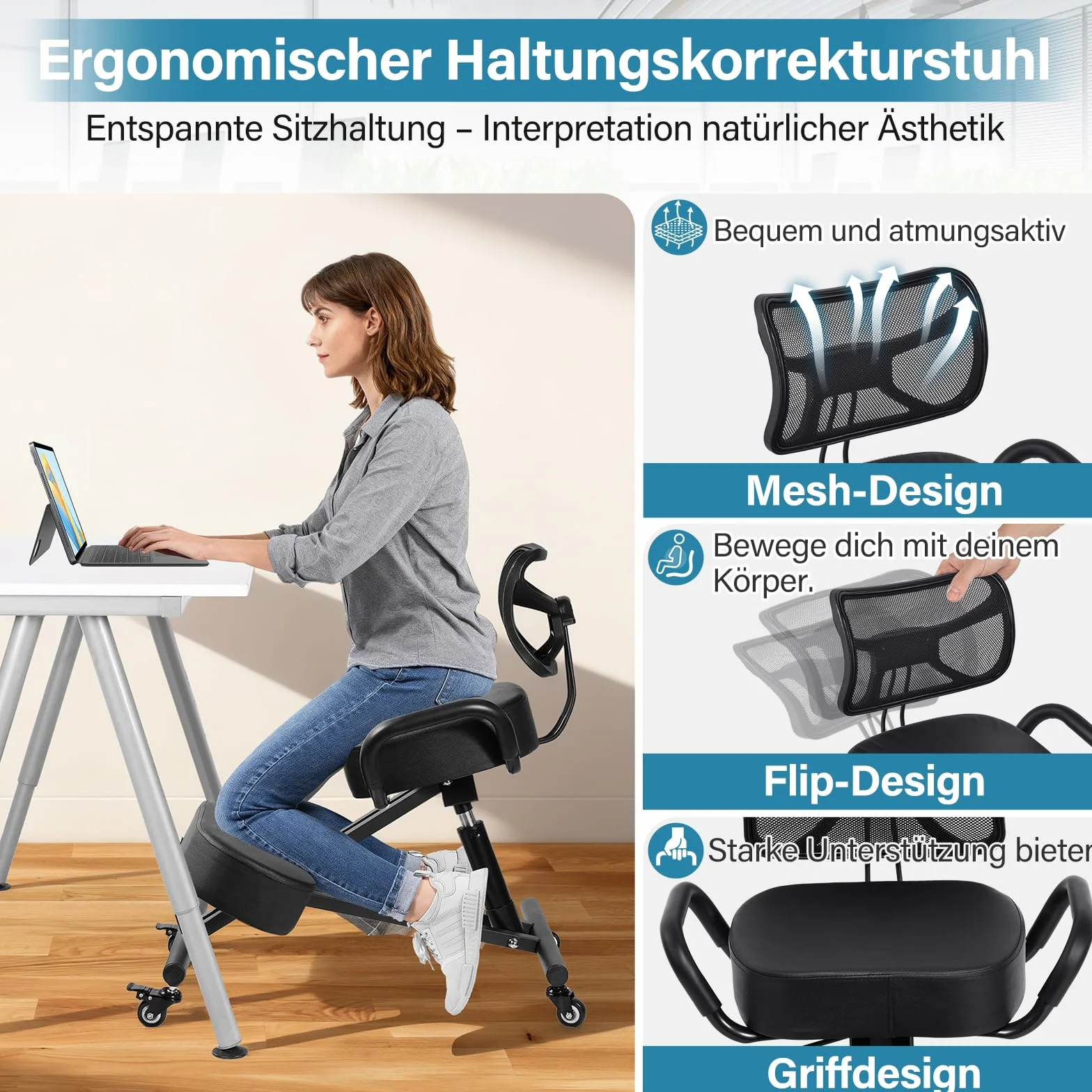 Silla de rodilla, silla ergonómica para la rodilla, sillas de oficina arrodilladas con altura ajustable y soporte lumbar para bancos y salas de conferencias, oficinas, áreas de recepción en el hogar