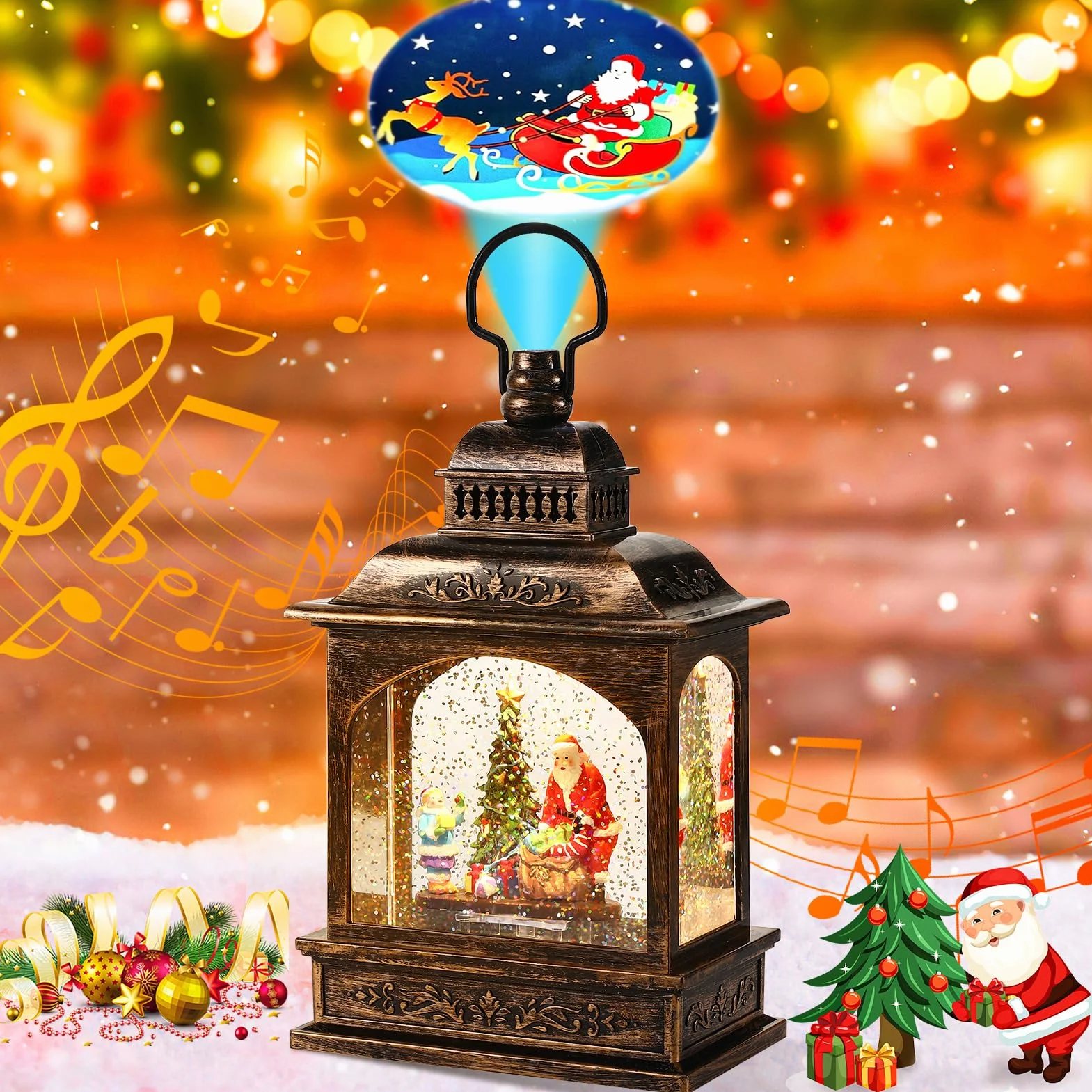 Linterna de Globo de Nieve de Navidad con música y proyector de Papá Noel, Farolillo Navidad Globo de Nieve de Navidad Vintage con Brillo de Agua Luz de Noche Decoraciones
