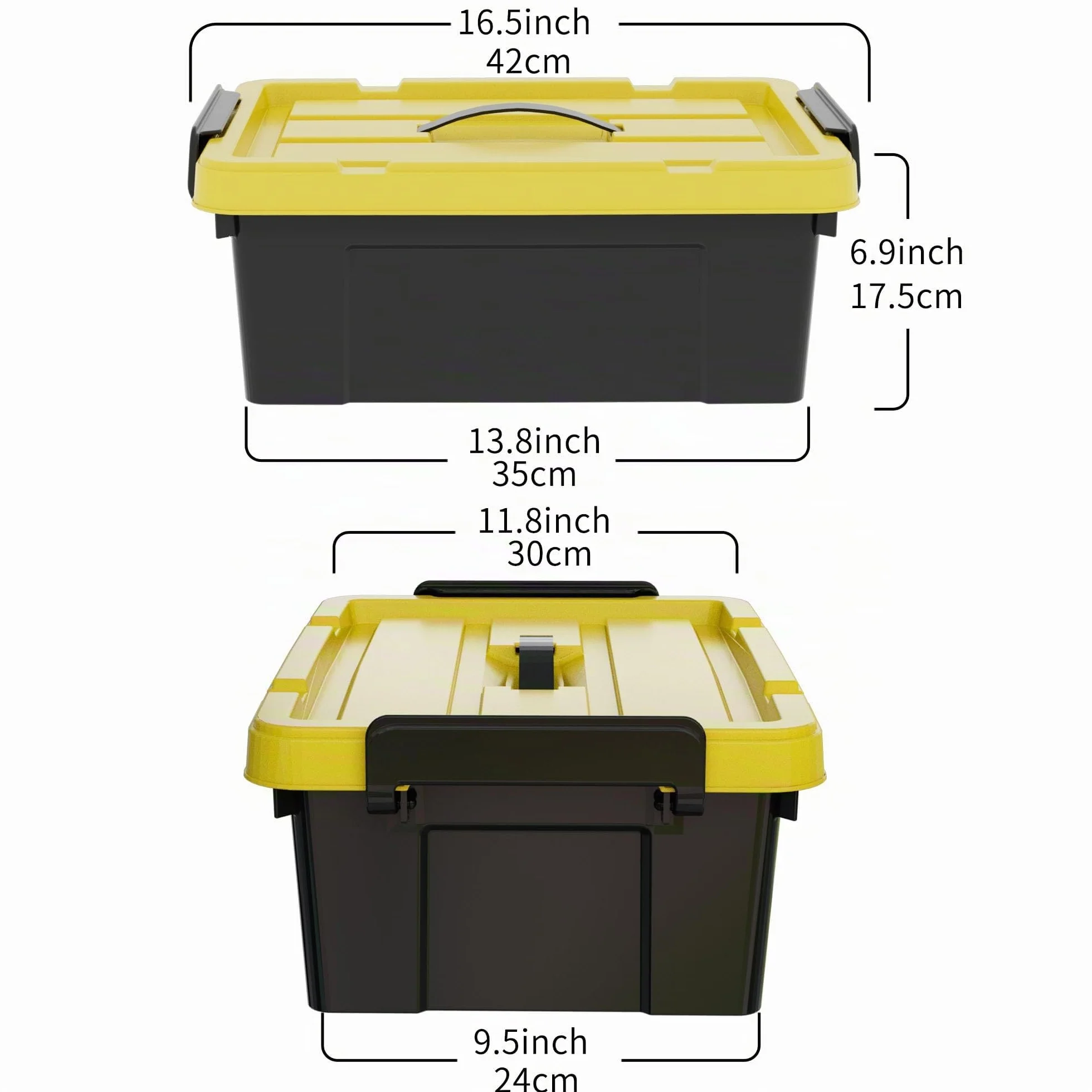 Cetomo 6 cajas de almacenamiento de plástico con tapas, asa y hebillas de cierre, apilable, negro y amarillo, 15