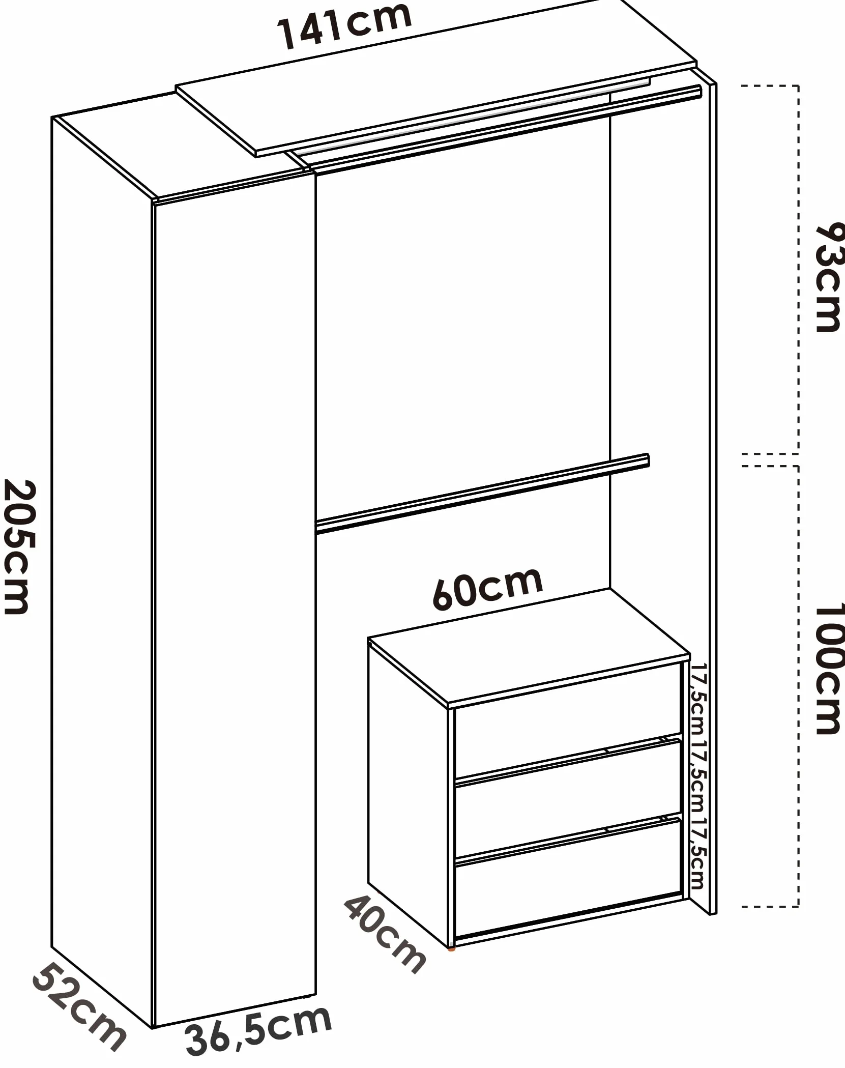 DEKIT GRUPO RIMOBEL Suit Kit Vestidor, Madera de ingeniería, Blanco, 205x139,3x52 cm