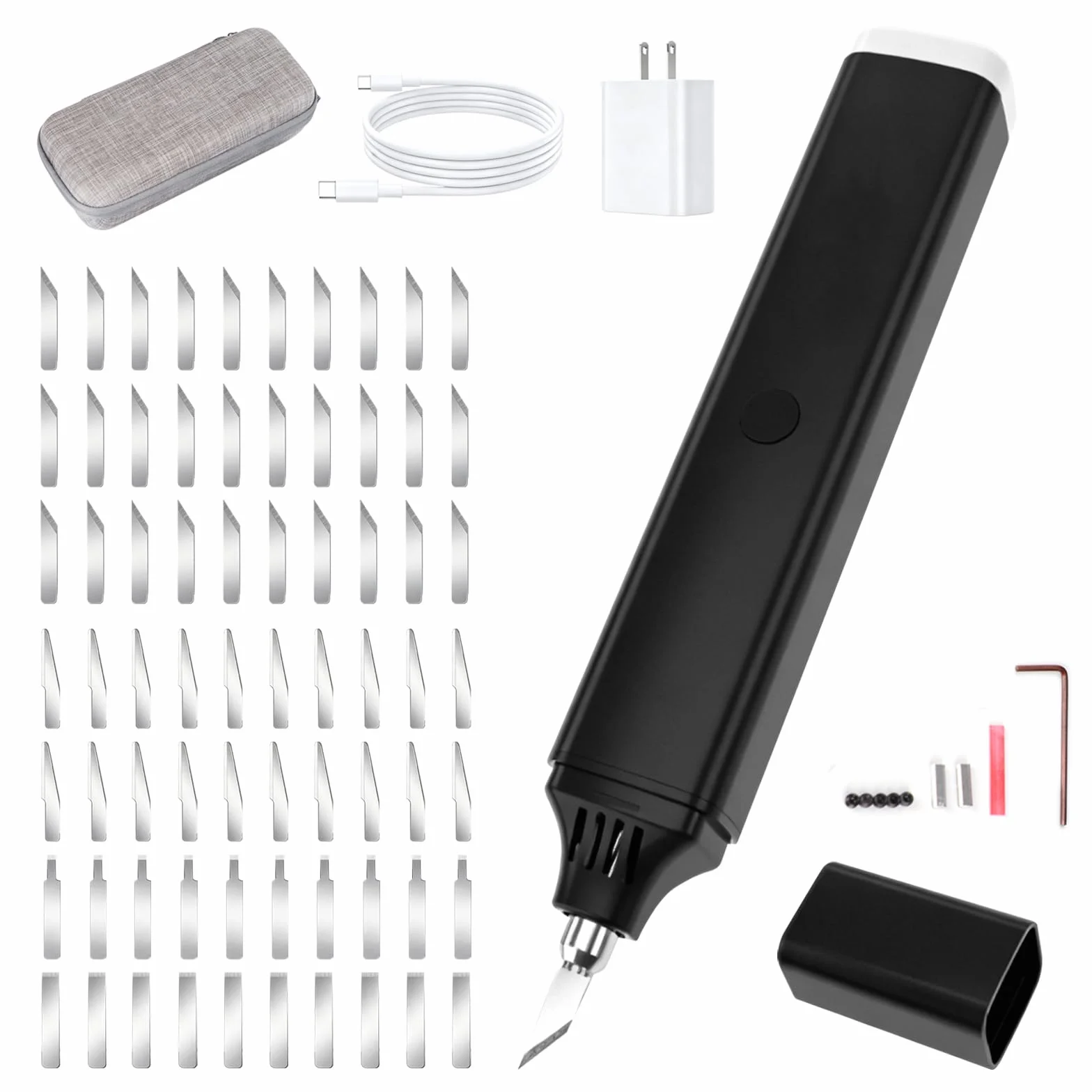 Cuchillo Cortador Ultrasónico, Cutter Profesional 2 en 1 con 70 Cuchillas Bolígrafo de Corte Ultrasónico de 45 W con Dos Niveles de Intensidad para Cortar Plástico Madera Resina y PVC
