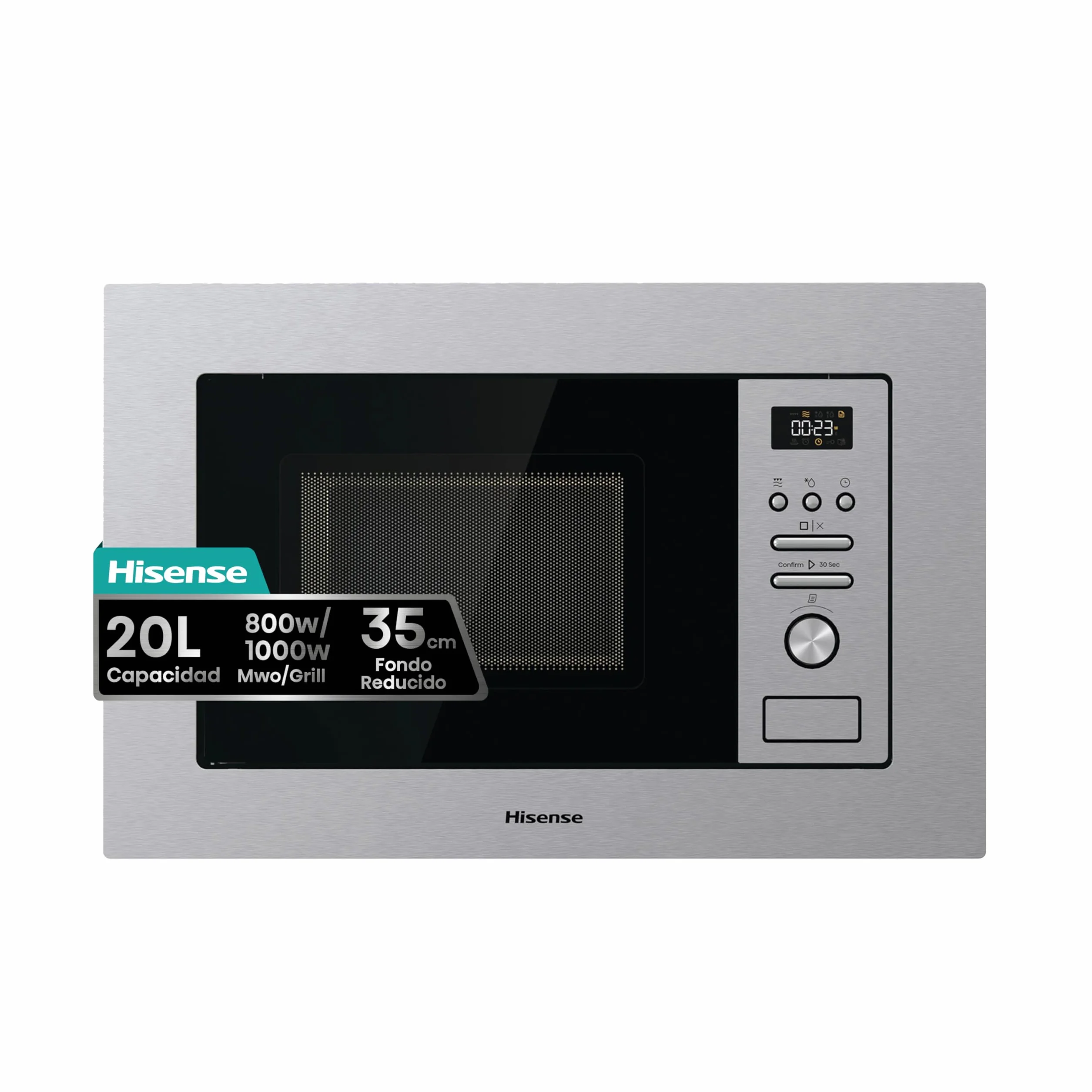 Hisense BIM320G41X - Microondas Integrable, 1000W, 20L, Alto 38.8cm x Ancho 59.5cm, Color Inox, 5 Niveles de Potencia, 15 Programas Preestablecidos, Grill Combo, Descongelar por Tiempo o Peso