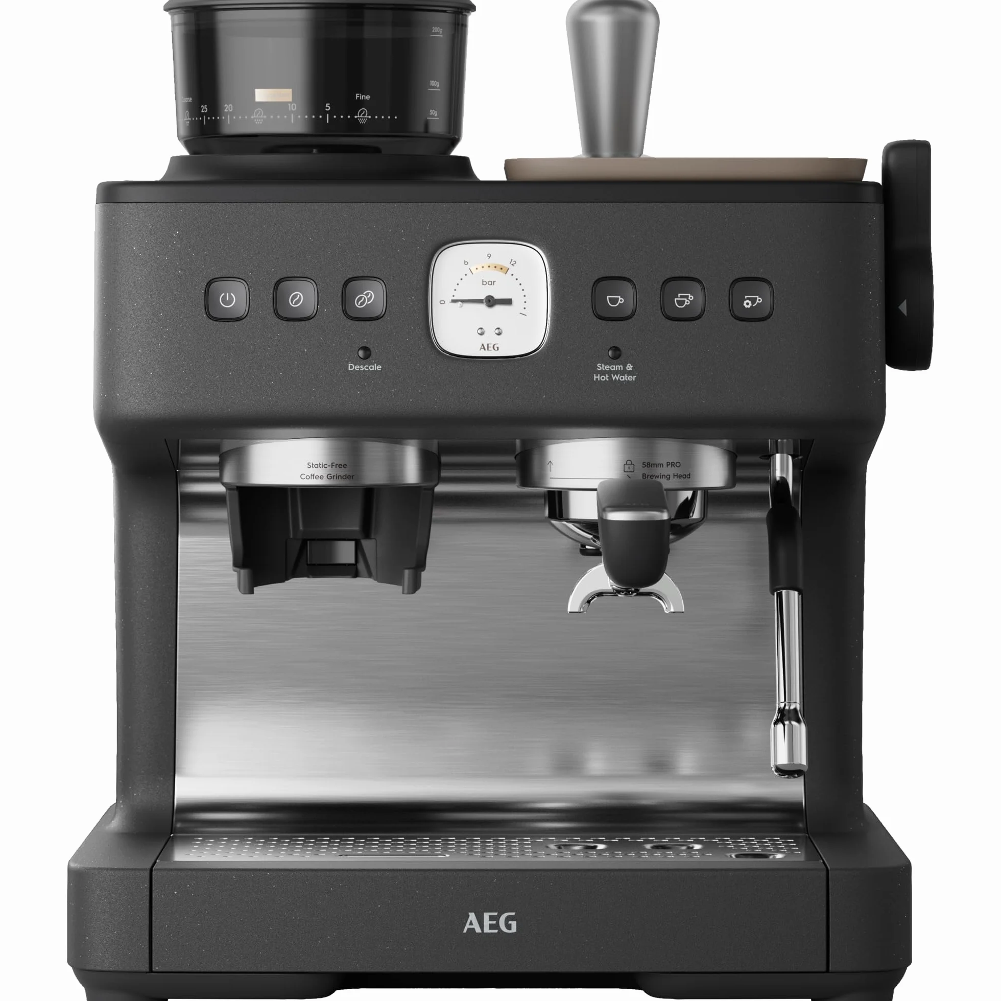 AEG Máquina portafiltros Espresso EC8-1-8BP – Dual Thermoblock, 30 grados de molienda, 20 bares de presión, control de temperatura PID, cabezal de preparación de 58 mm, espumador de leche, calentador
