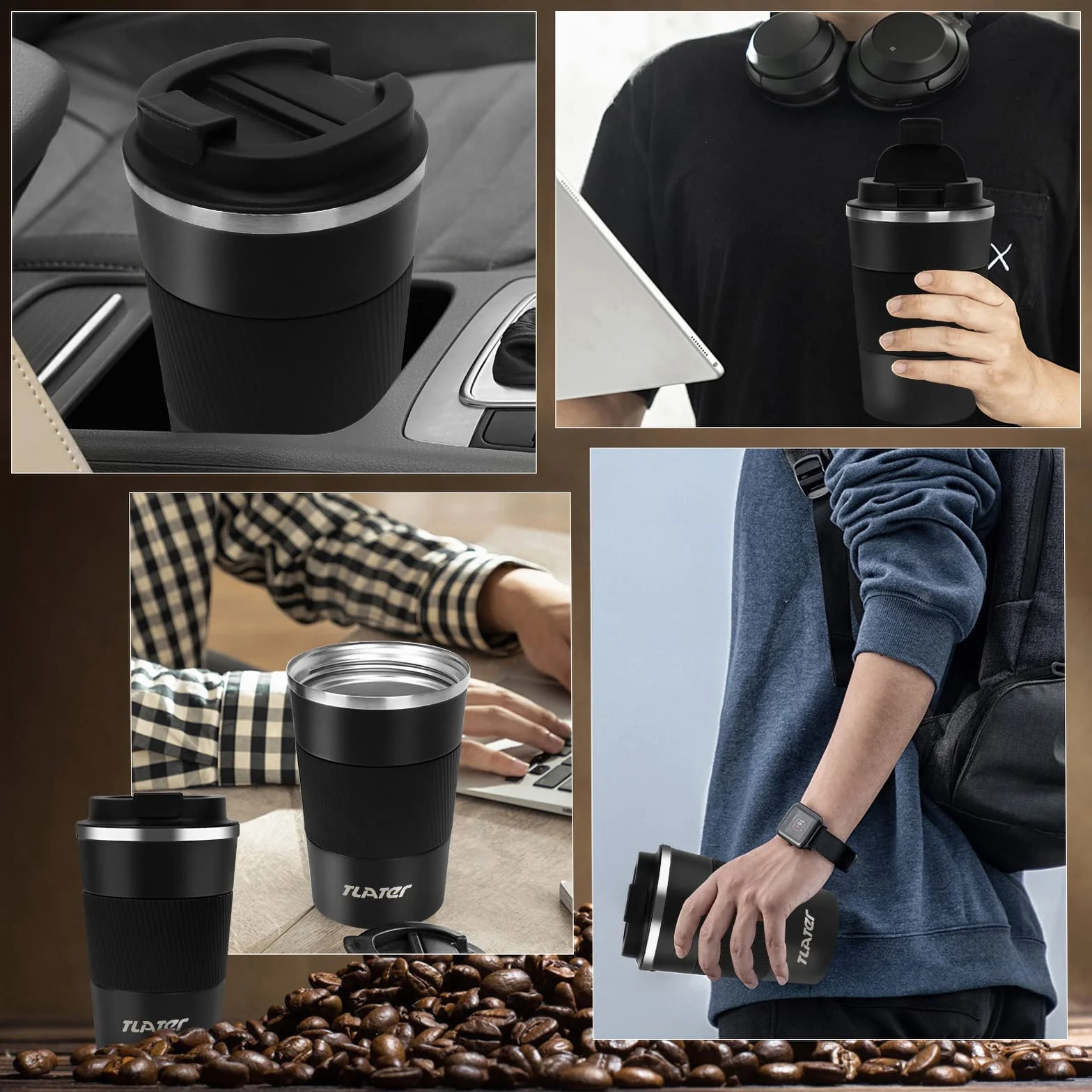 Tlater Taza de café para llevar, 380 ml, termo con tapa a prueba de fugas, vaso de viaje de doble pared, de acero inoxidable, taza de viaje para café y té (negro)