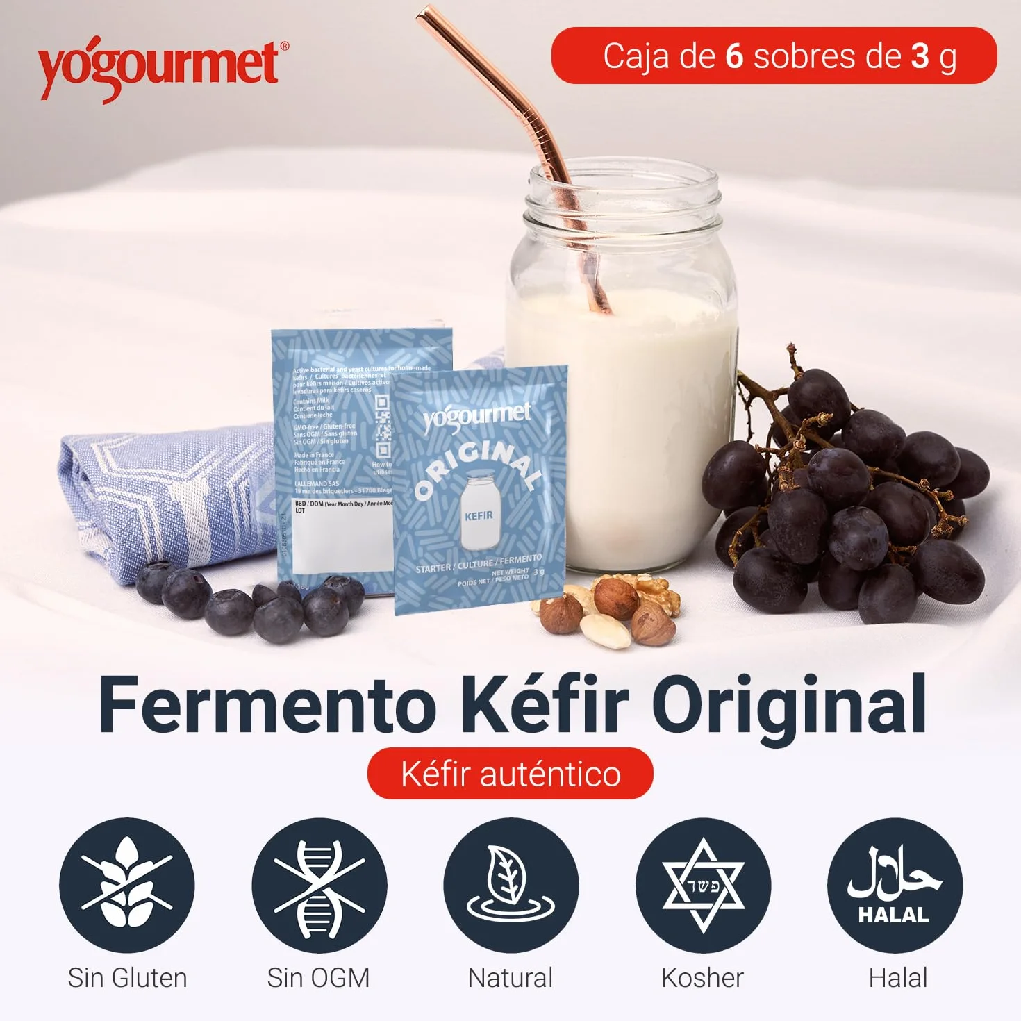 Yogourmet Fermentos para Kéfir 6 Sobres 6 Litros Natural Sin Gluten Kosher Halal