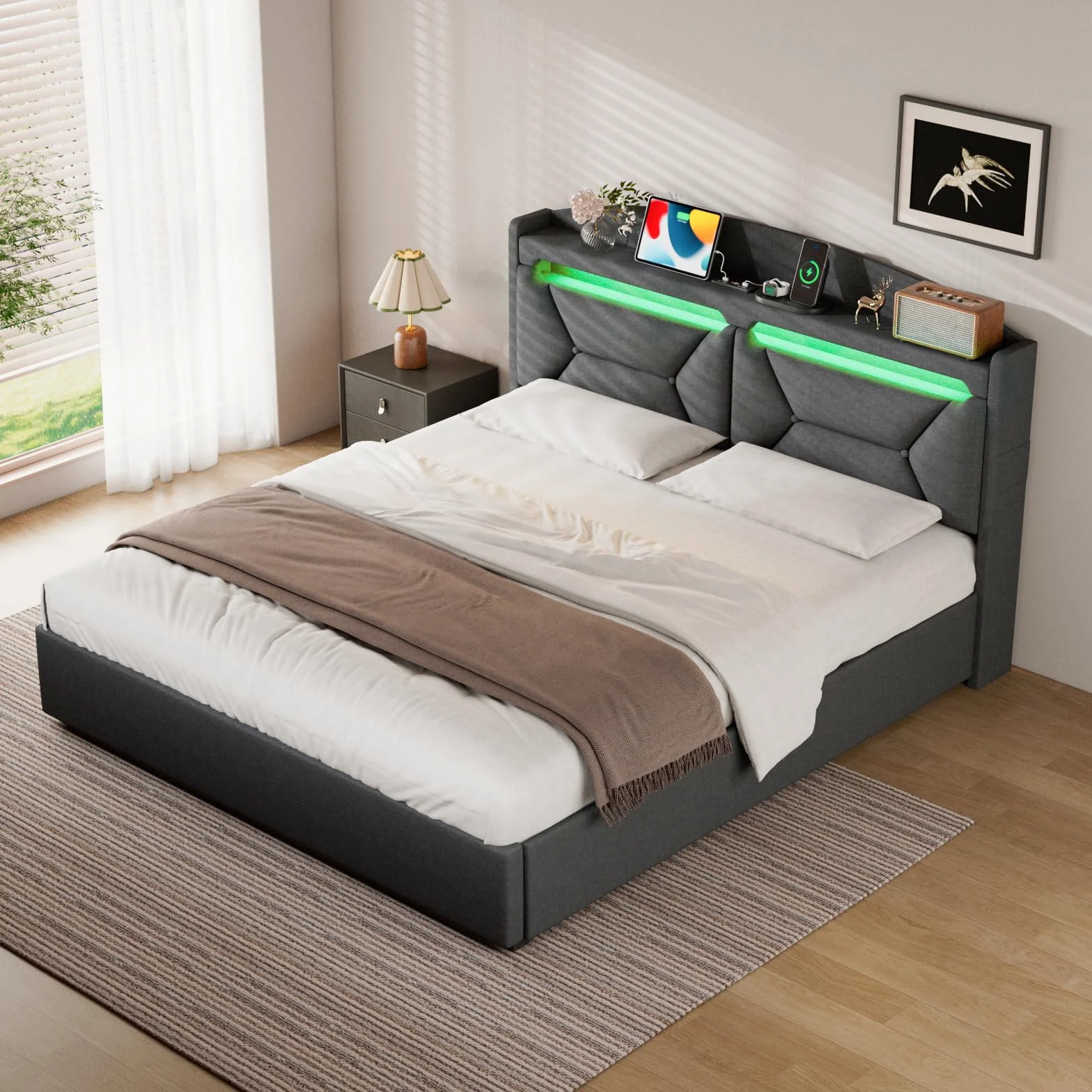 Cama Matrimonio 160x200 con Almacenamiento, Camas Matrimoniales con LED, Puertos USB y Type-C, Canape 160x200 Hidráulico, Cama Matrimonio con Cabecero, Lino, Gris, Colchón No Incluido