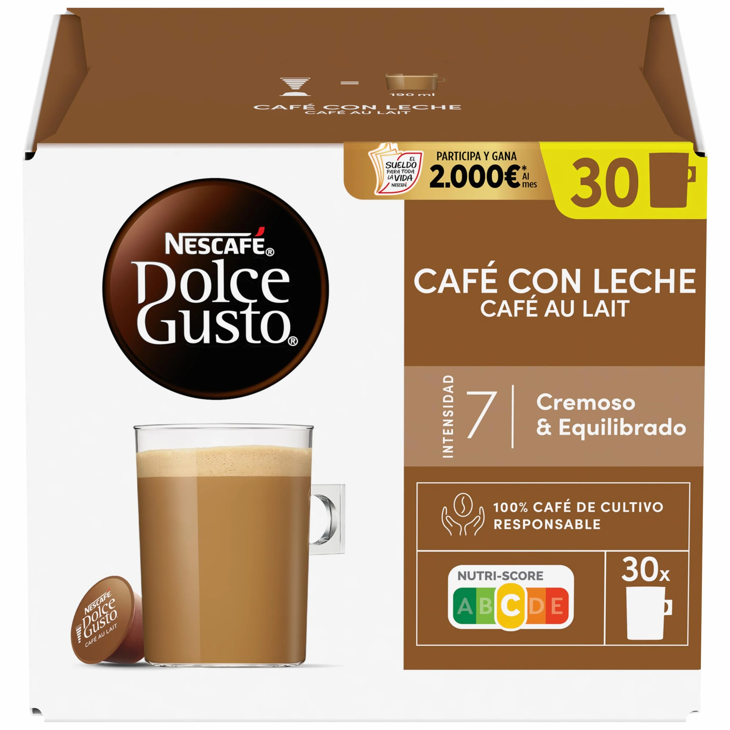 NESCAFÉ Dolce Gusto Café con Leche Cápsulas de Café, 90 Cápsulas (3 x 30), Intensidad 7