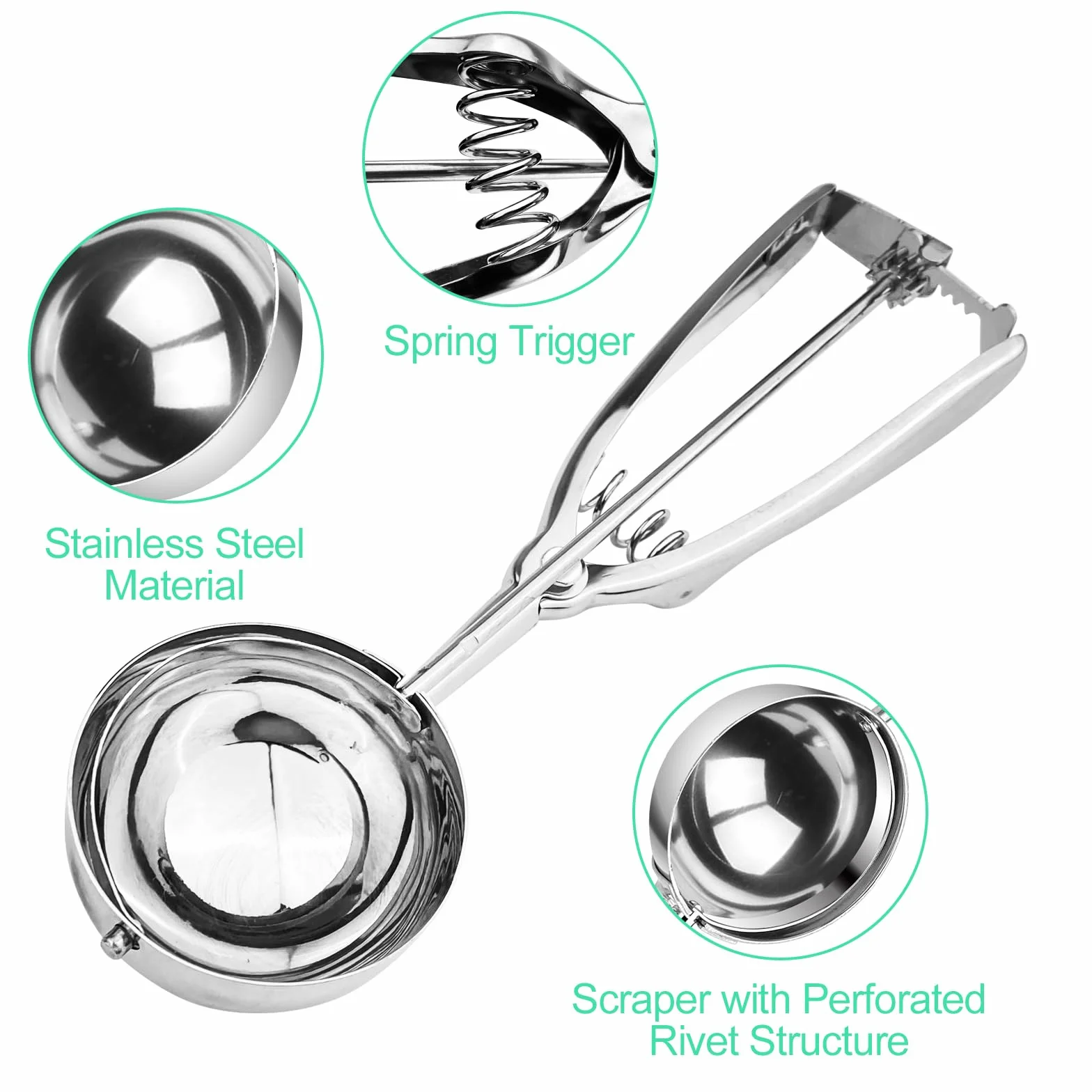 Cuchara para Helado de Acero Inoxidable 3 Piezas con Gatillo Sacabolas 4 cm, 5 cm, 6 cm Dosificador