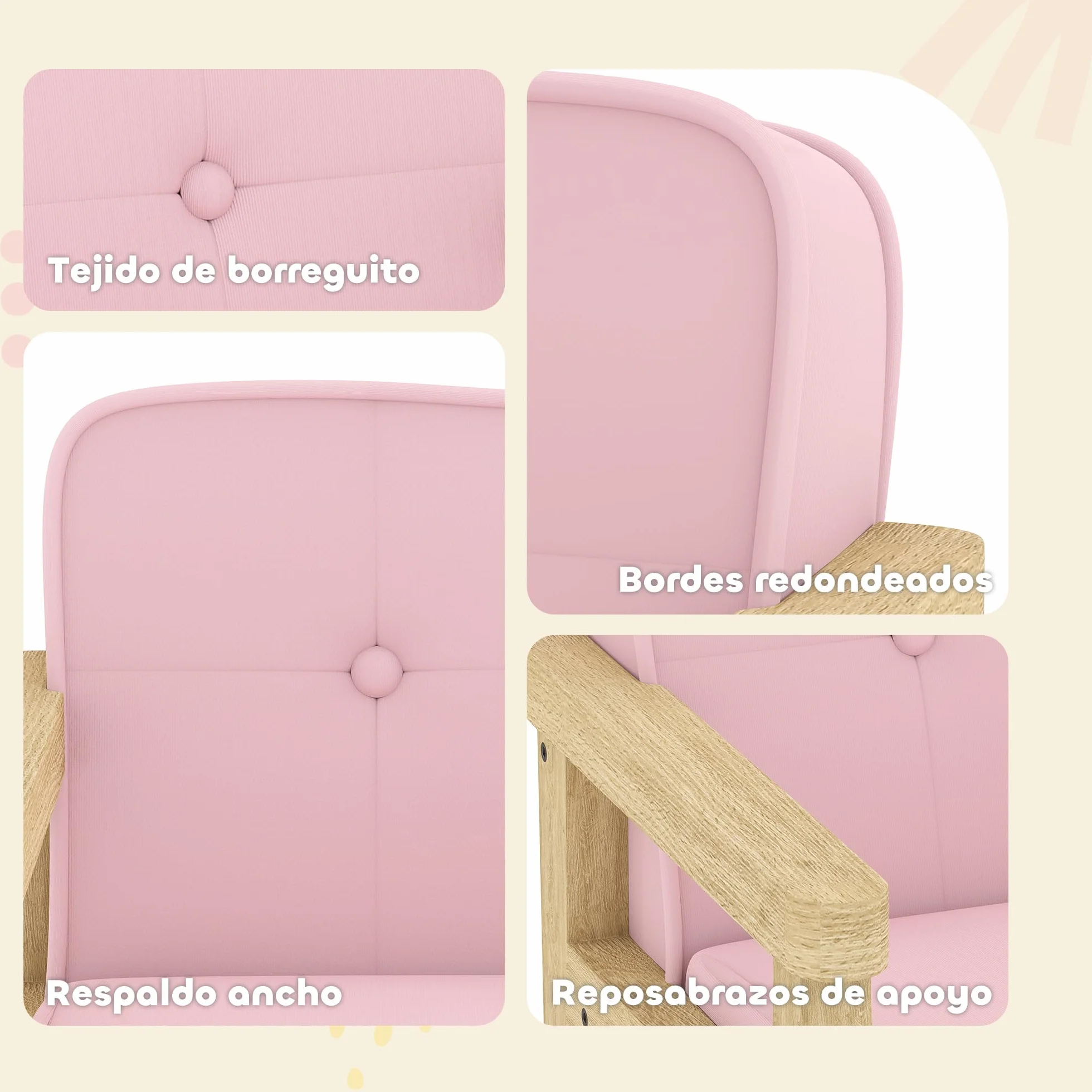 AIYAPLAY Sillón Infantil, Sofá para Niños de +3 Años, con Tejido Suave de Pana, Estructura de Madera, Asiento y Respaldo Acolchado, Reposabrazos, Carga 45 kg, 46,5x44x45 cm, Rosa