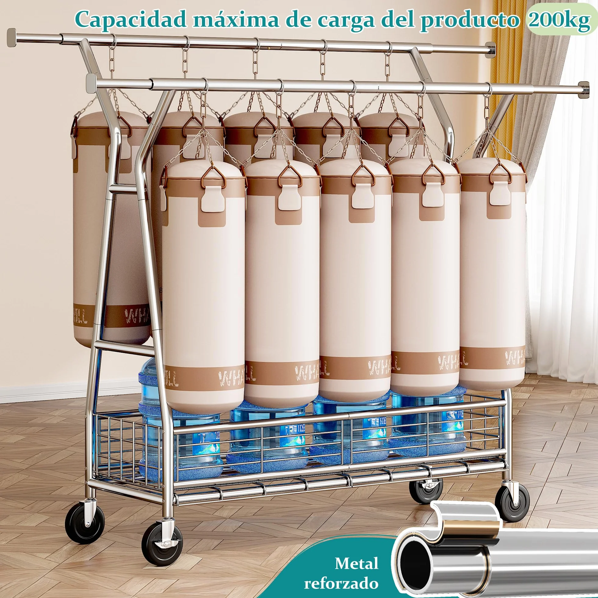 Burro Ropa resistente con Ruedas y Cesta para Ropa Sucia, Perchero Burro Ropa Extensible para Carga Pesada 200 kg, Burro para ropa para Almacenamiento en Entrada, Dormitorio o Vestidor