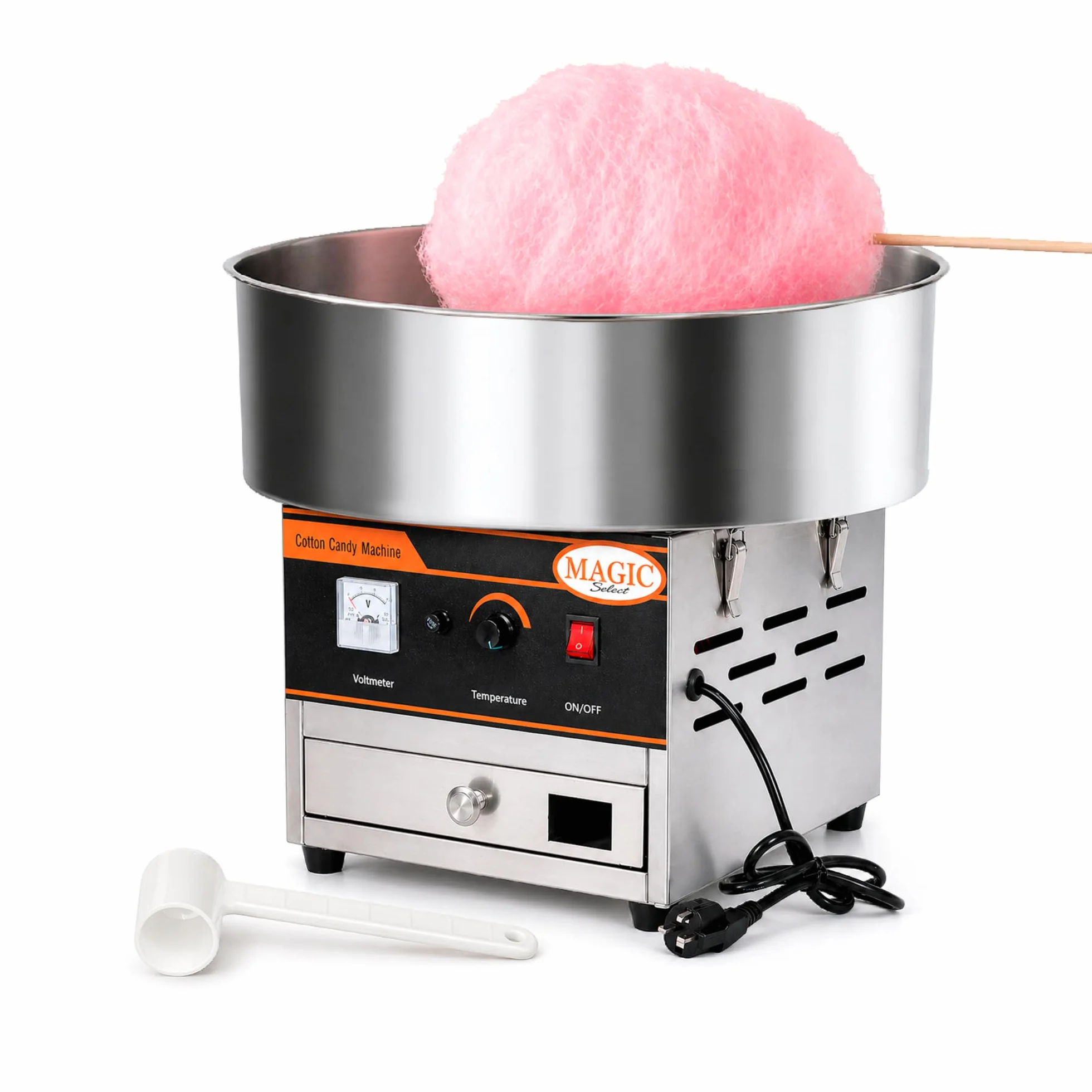 Máquina de Algodón de Azúcar Profesional 900W, Acero Inoxidable con Control de Temperatura, Calentamiento Rápido 2-3 Min, Incluye Paleta Dosificadora, para Eventos y Ferias. (52x52x43 cm)